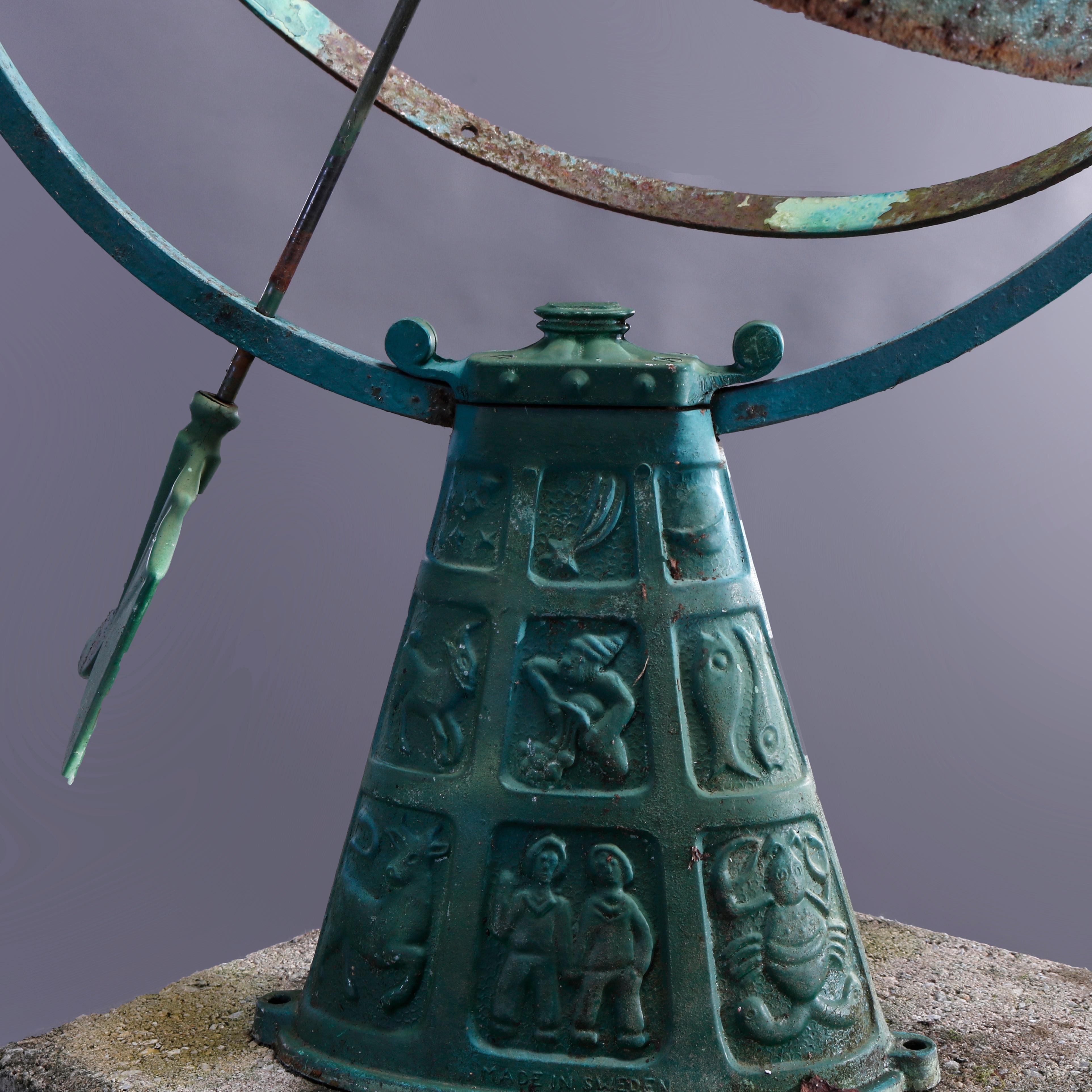 Swedish Verdigris Astrology Garden Armillary & Hard Stone Pedestal, 20th C In Good Condition In Big Flats, NY