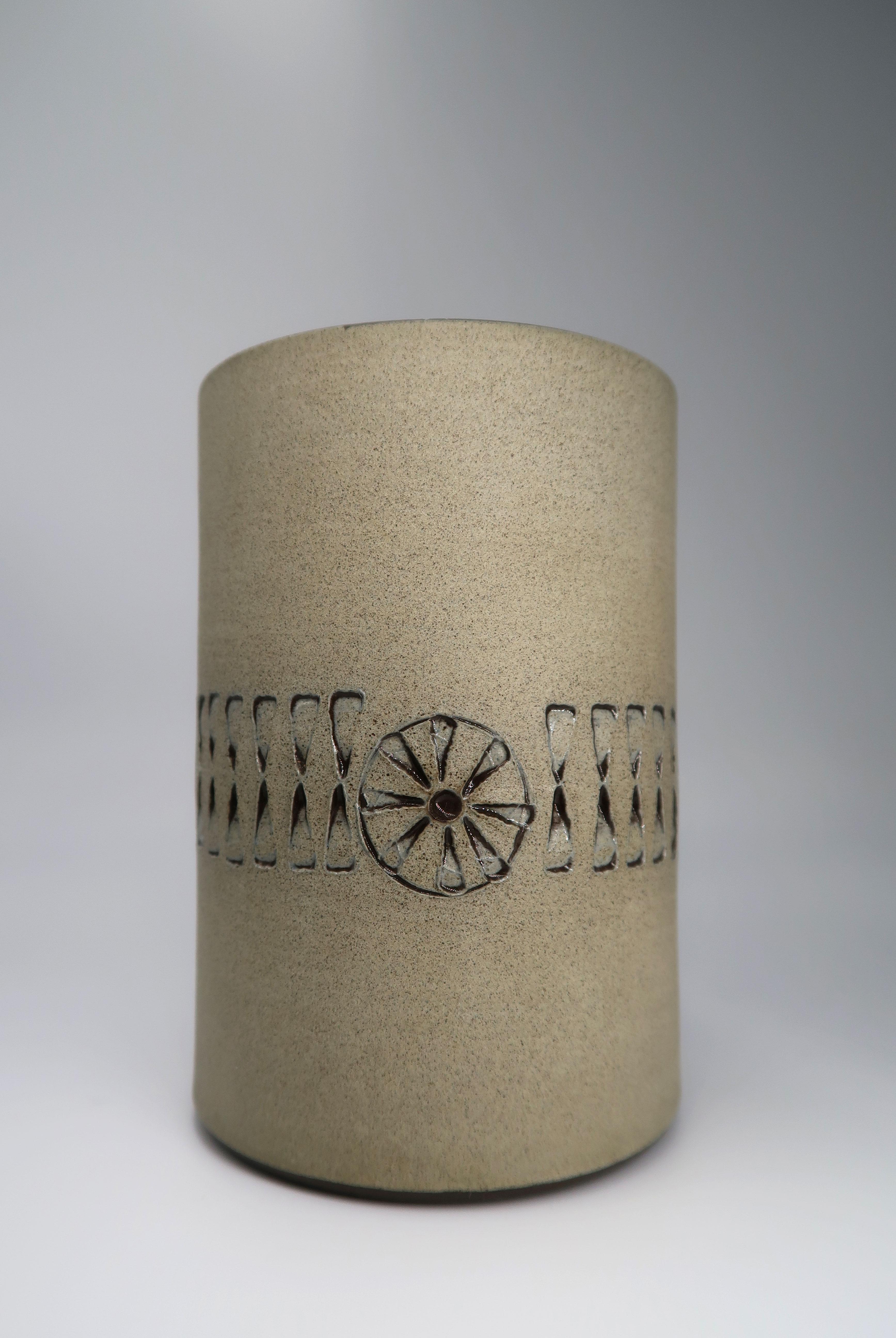 Hand-Carved Swedish Sand, Black Graphic Decor Ceramic Vase, 1960s In Good Condition For Sale In Copenhagen, DK