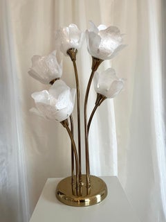 Swedish Vintage Brass Table Lamp with Flower-Shaped Pearl-Like Shades