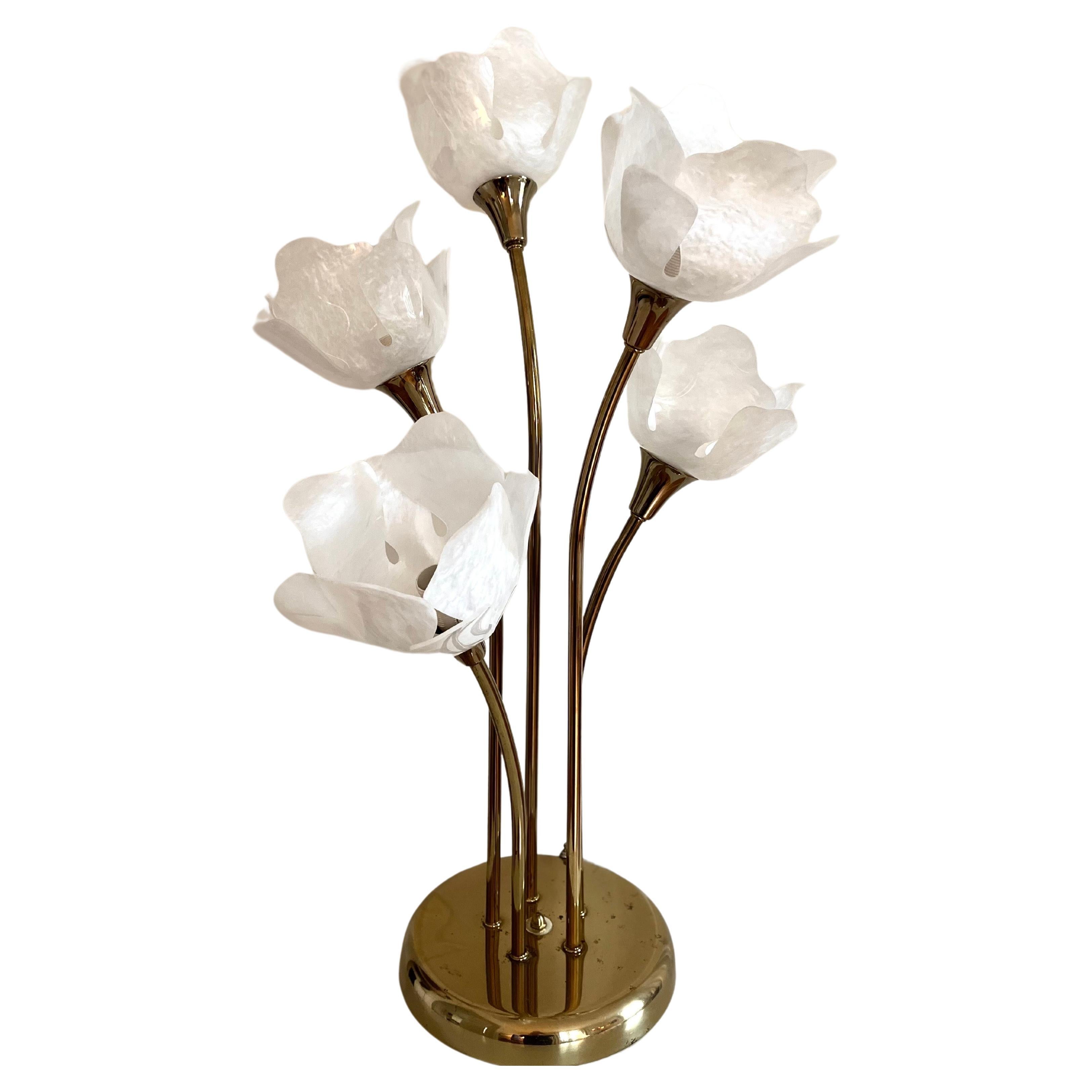 Swedish Vintage Brass Table Lamp with Flower-Shaped Pearl-Like Shades For Sale