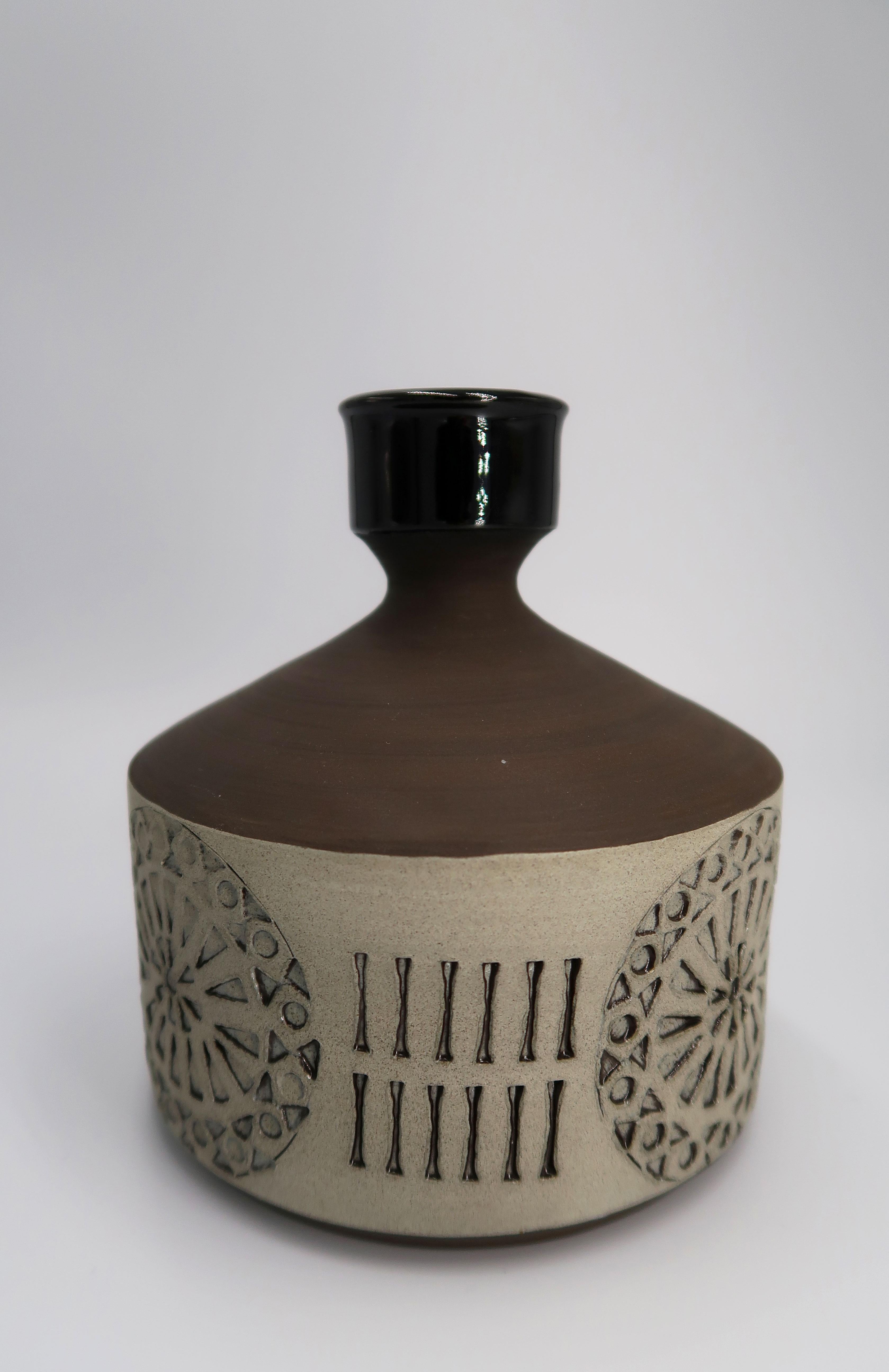 Hand-Carved Handmade Black, Sand Candlestick Vase by Swedish Alingsås, 1960s For Sale
