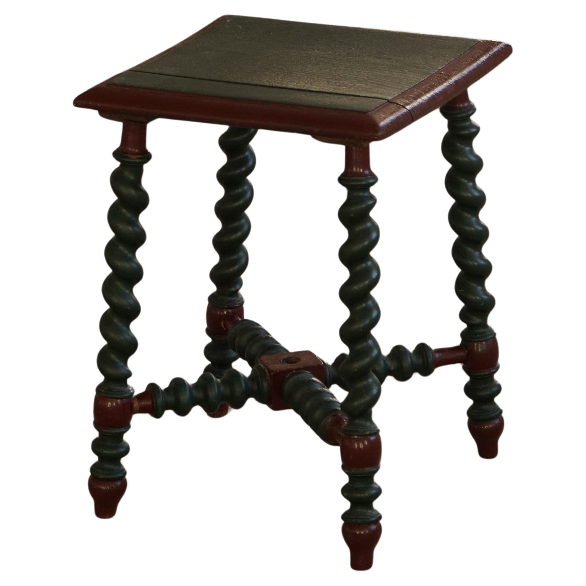 Swedish Vintage Painted Wooden Stool in Dark Green 
Dark Red, Folk Style, 1940s For Sale