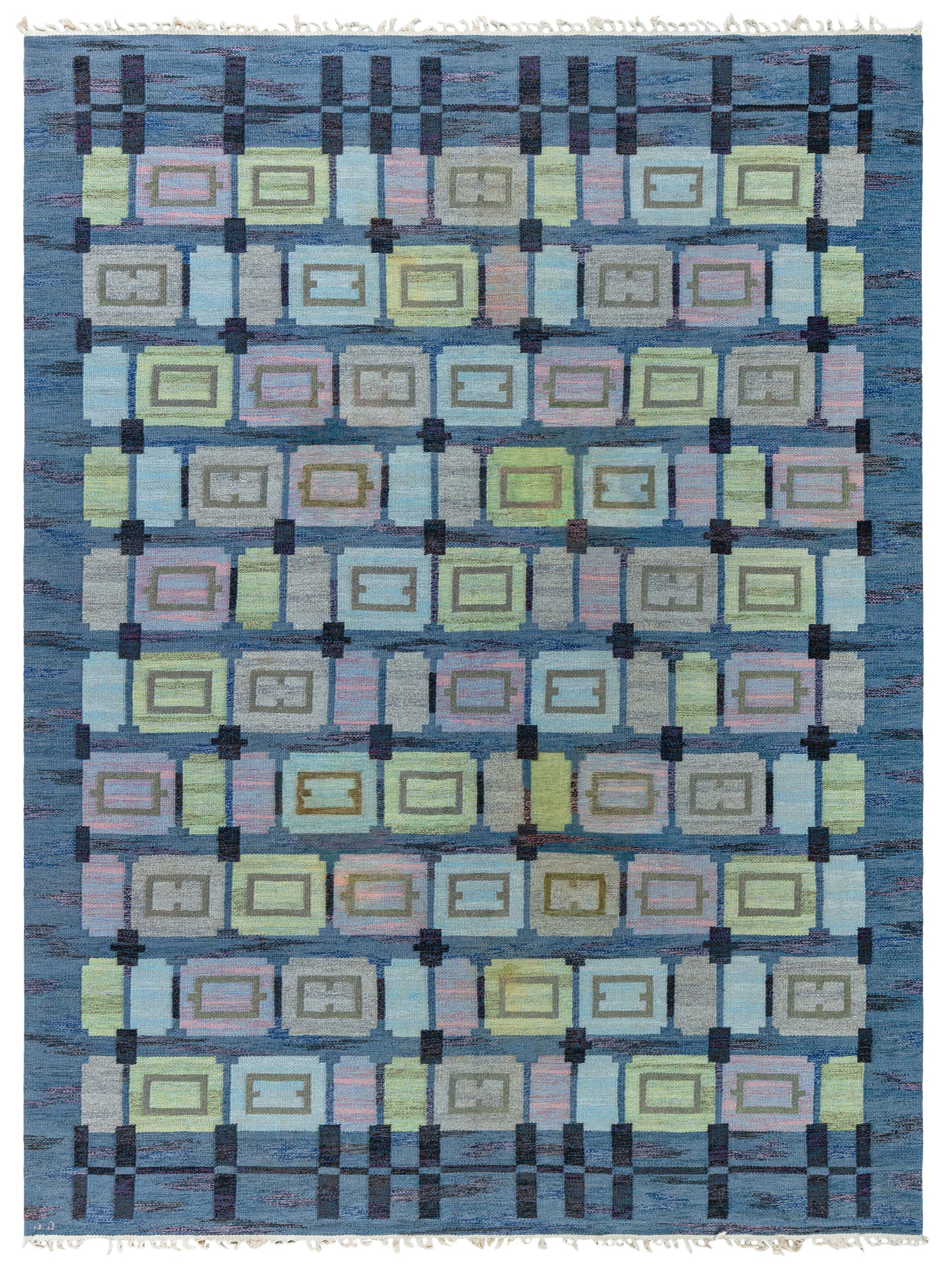 Swedish Vintage Slate Gray Flatweave Rug By Judith Johansson (Spise Hall)