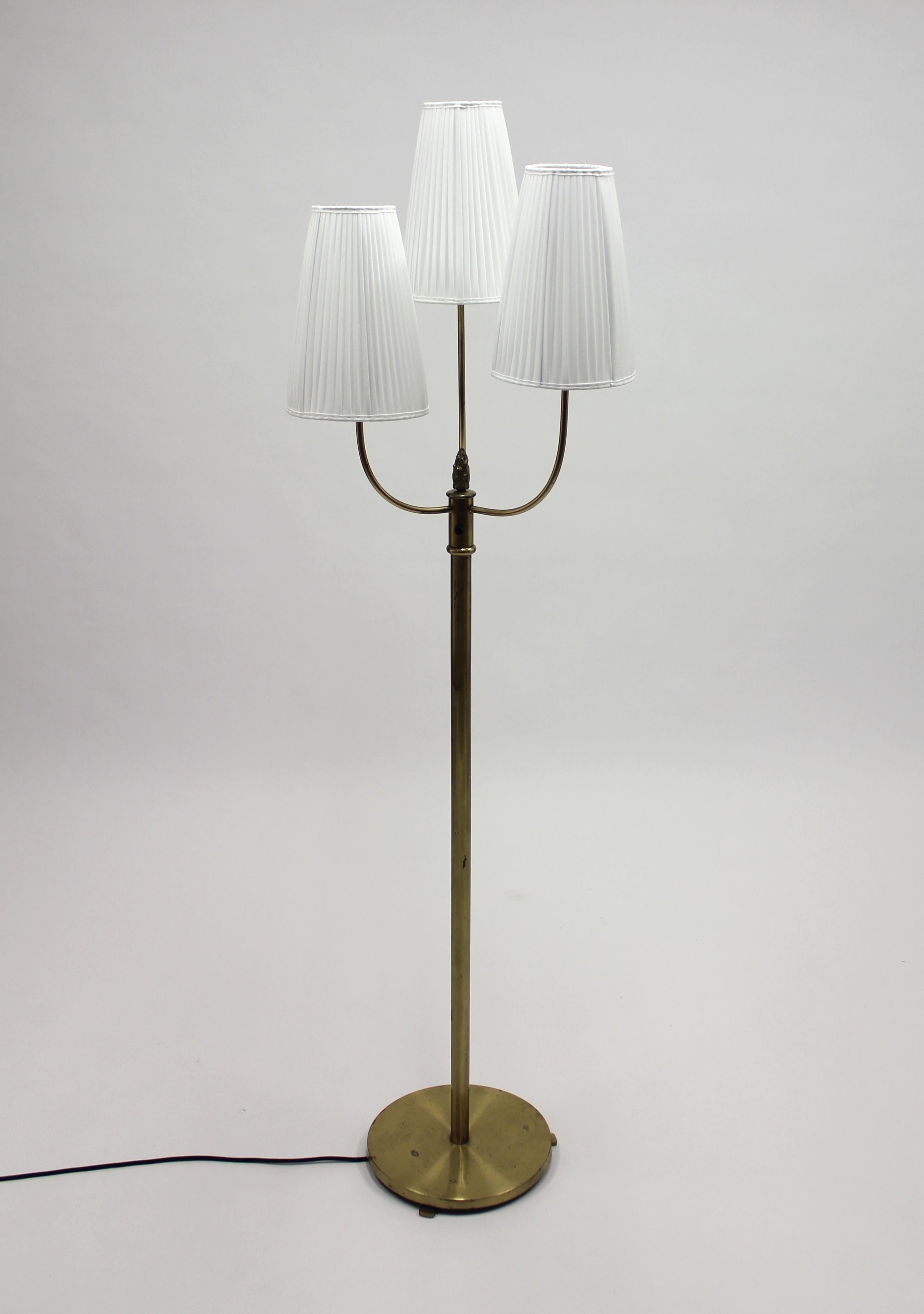 Scandinavian Modern Swedish Vintage Three-Light Brass Floor Lamp, 1940s
