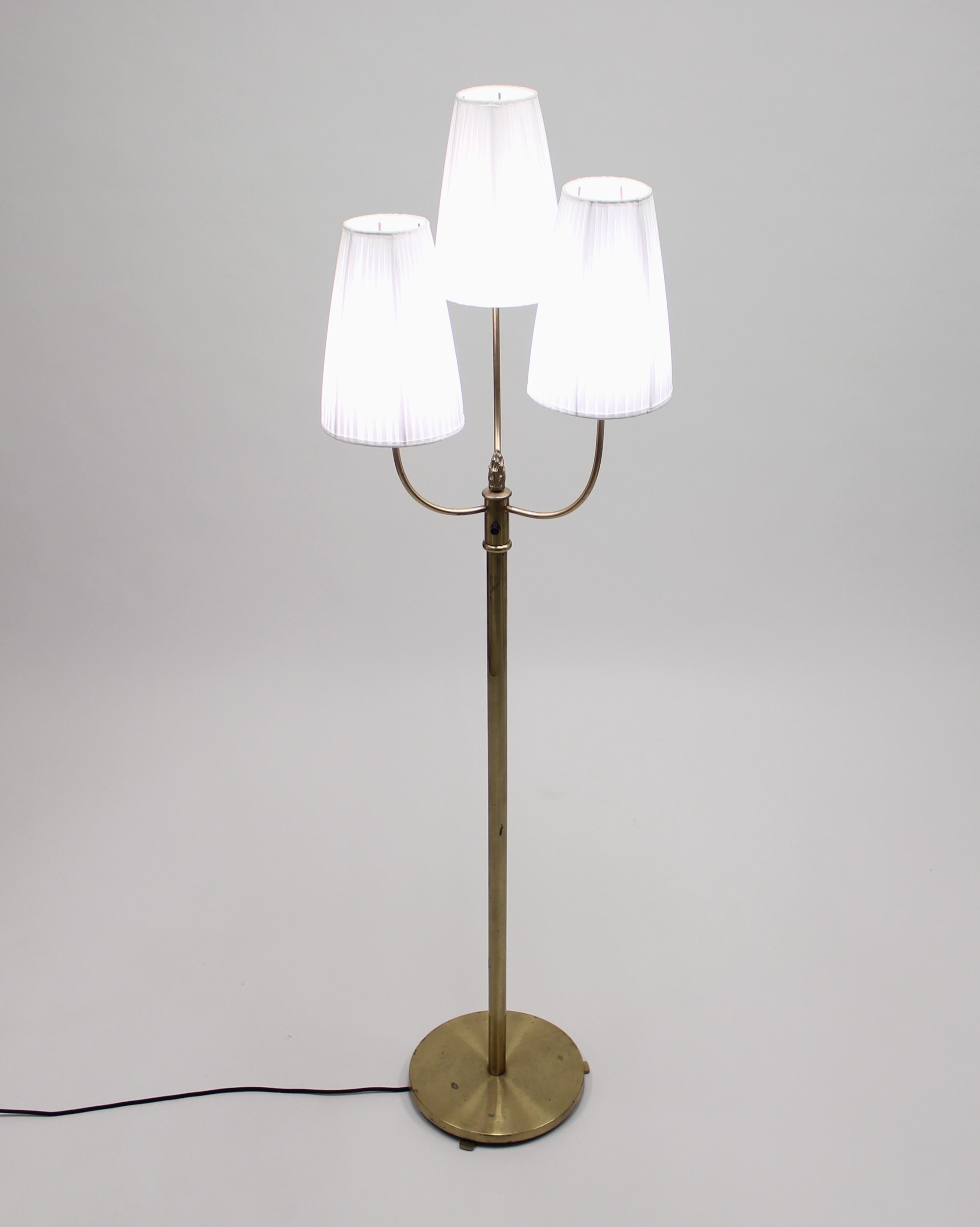 Mid-20th Century Swedish Vintage Three-Light Brass Floor Lamp, 1940s