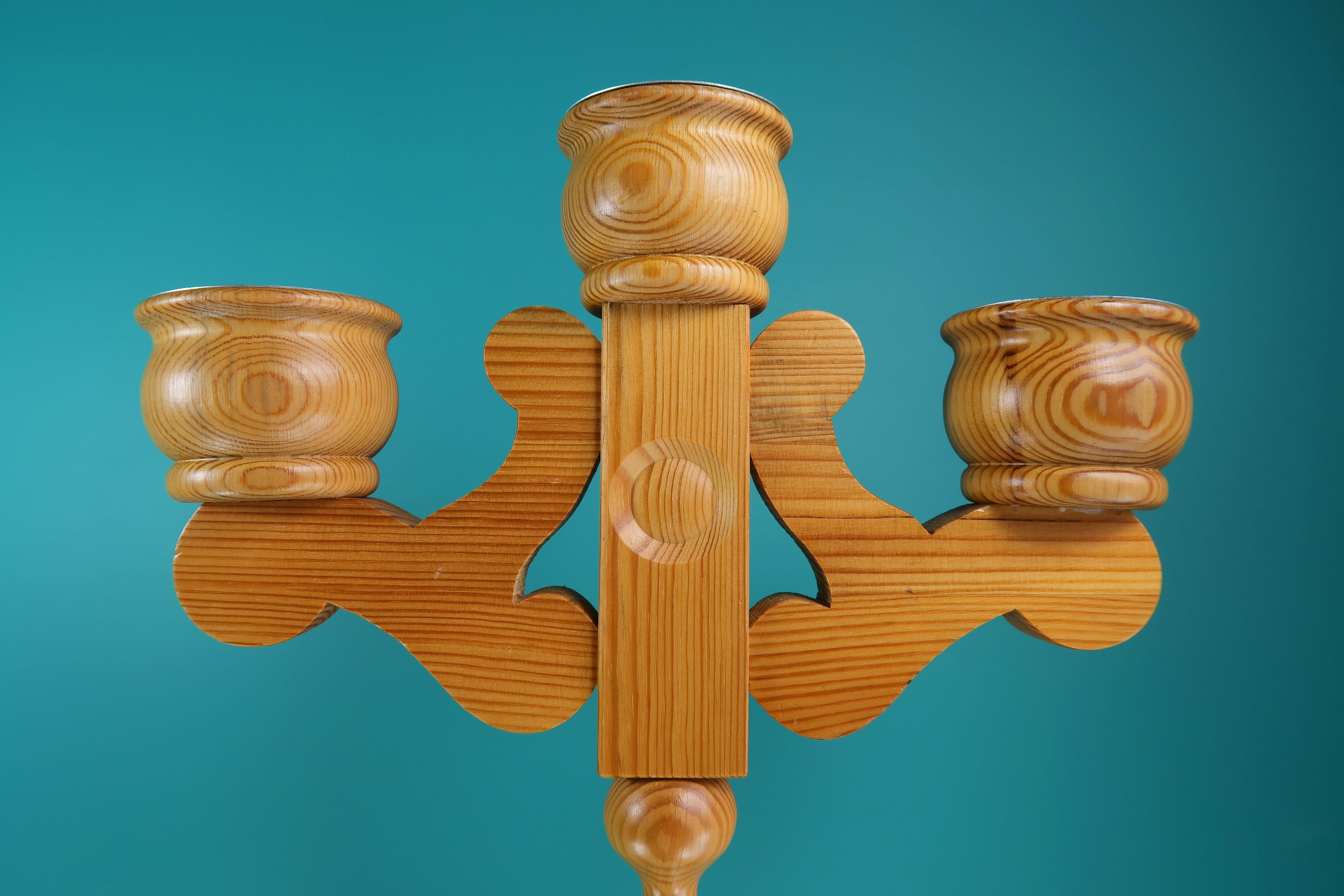 Hand-Carved Stig Johnsson 1960s Swedish Wooden Three Arm Candelabra For Sale