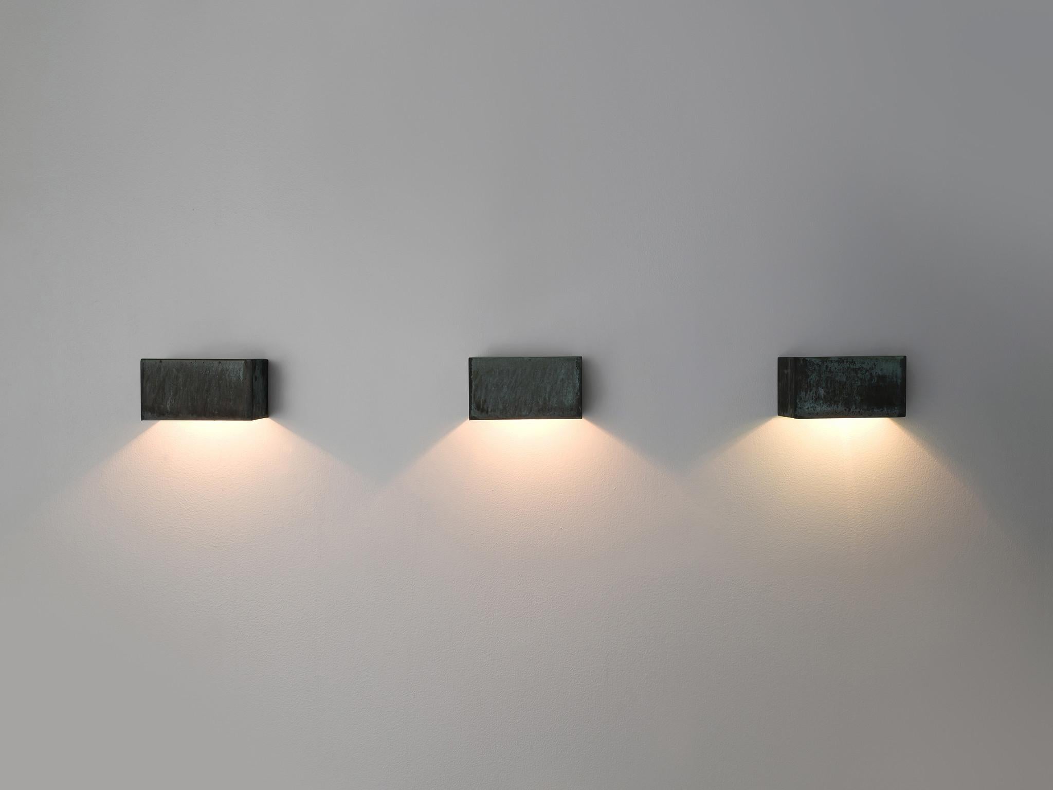 Set of wall lights, in patinated copper, for E. Hansson & Co., Sweden, 1960s.

Set of 13 wall lights in total, in patinated copper, for E. Hansson & Co., Sweden 1960s, in the style of Hans-Agne Jakobsen. Four items with a green patinated inside