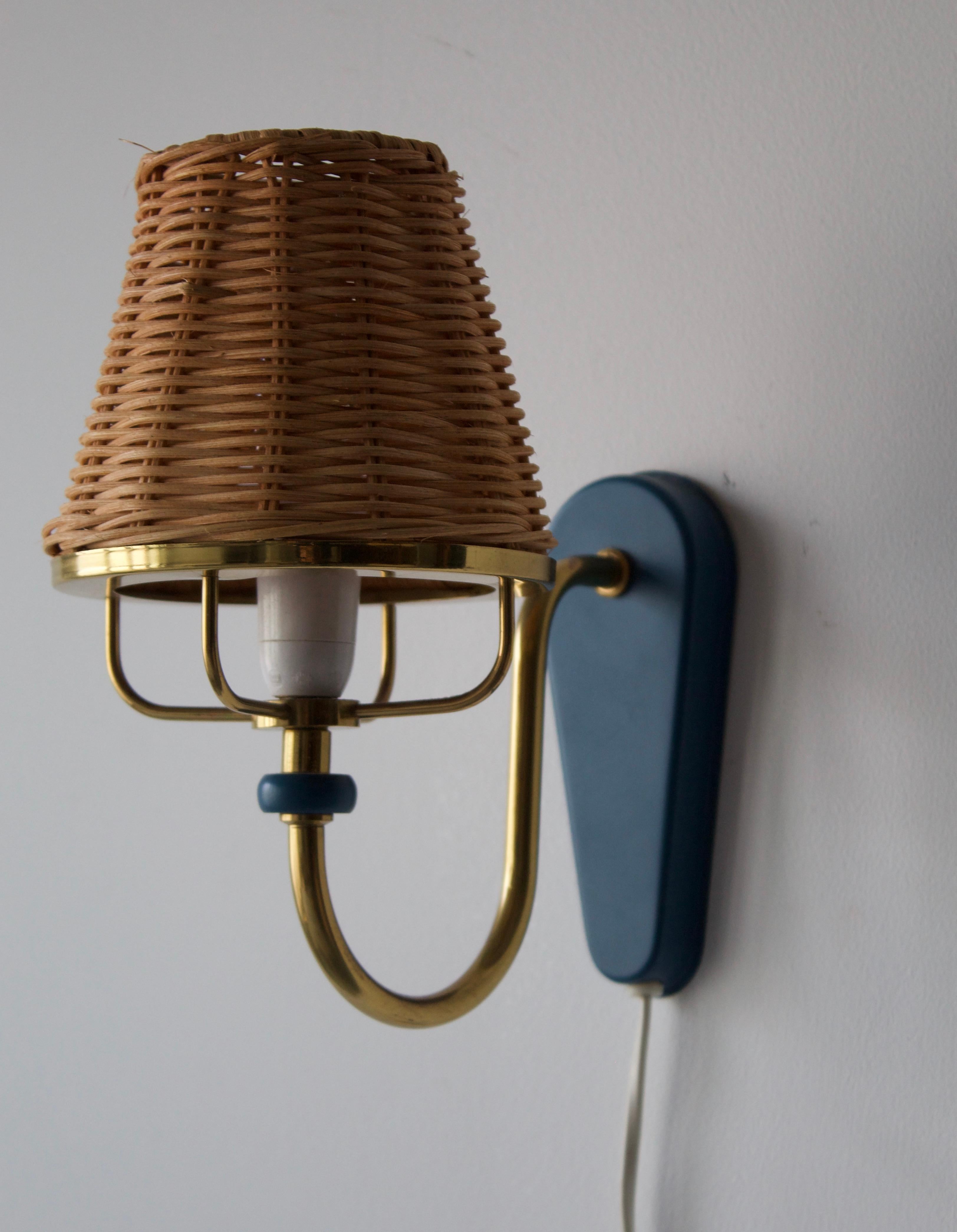 Mid-Century Modern Swedish, Wall Lights / Sconces, Brass, Blue Lacquer Metal Rattan Sweden, 1970s