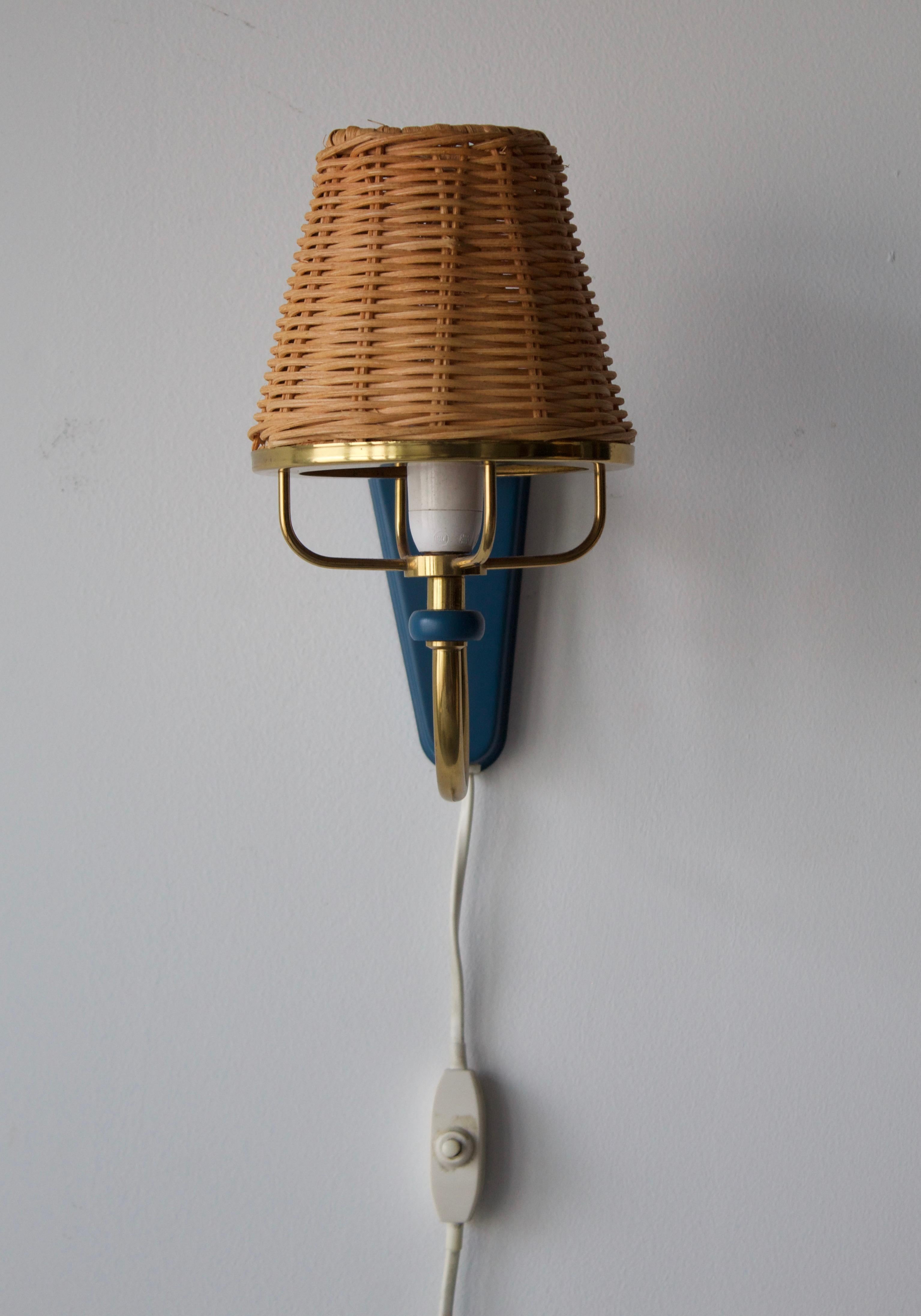 Swedish, Wall Lights / Sconces, Brass, Blue Lacquer Metal Rattan Sweden, 1970s In Good Condition In High Point, NC
