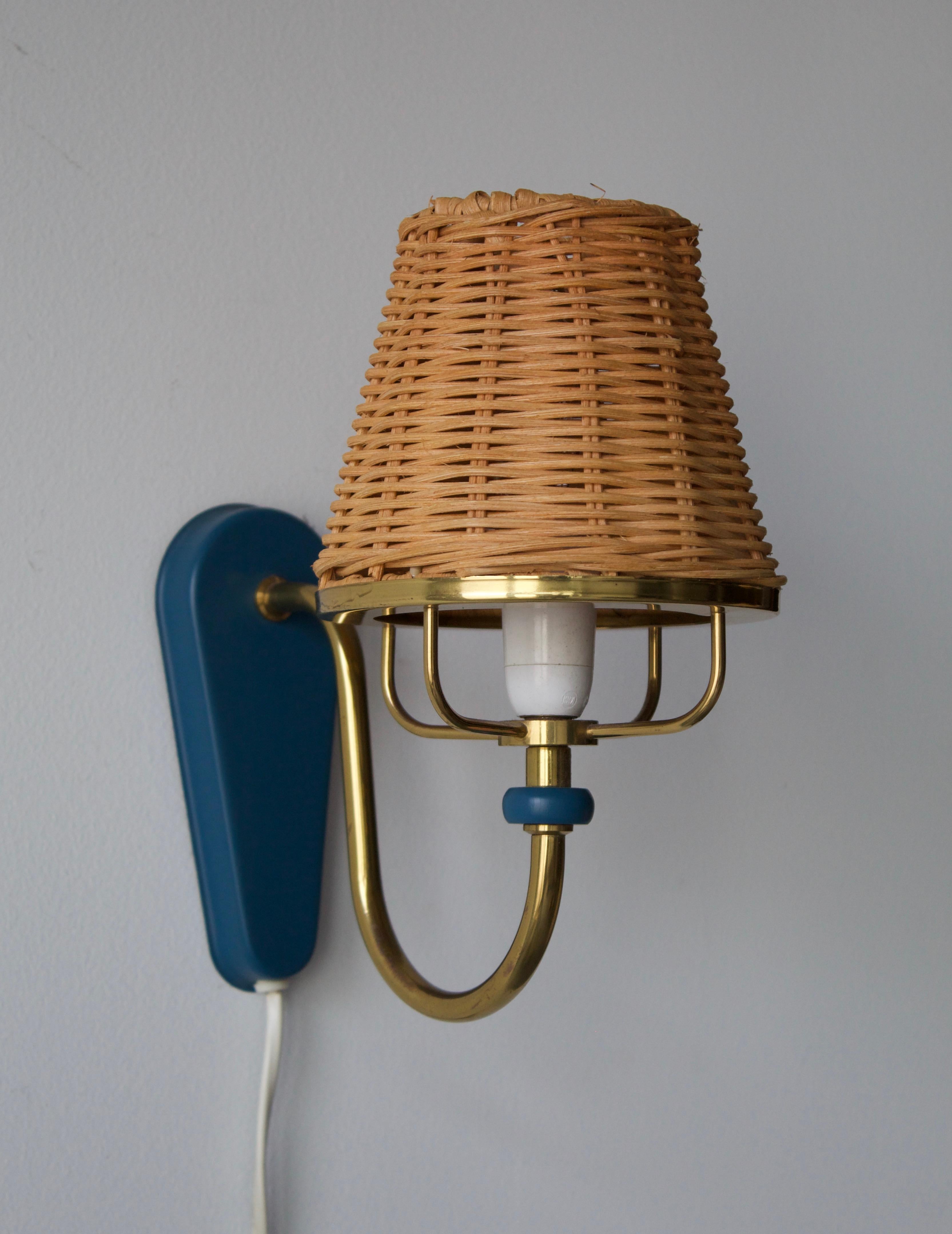Late 20th Century Swedish, Wall Lights / Sconces, Brass, Blue Lacquer Metal Rattan Sweden, 1970s