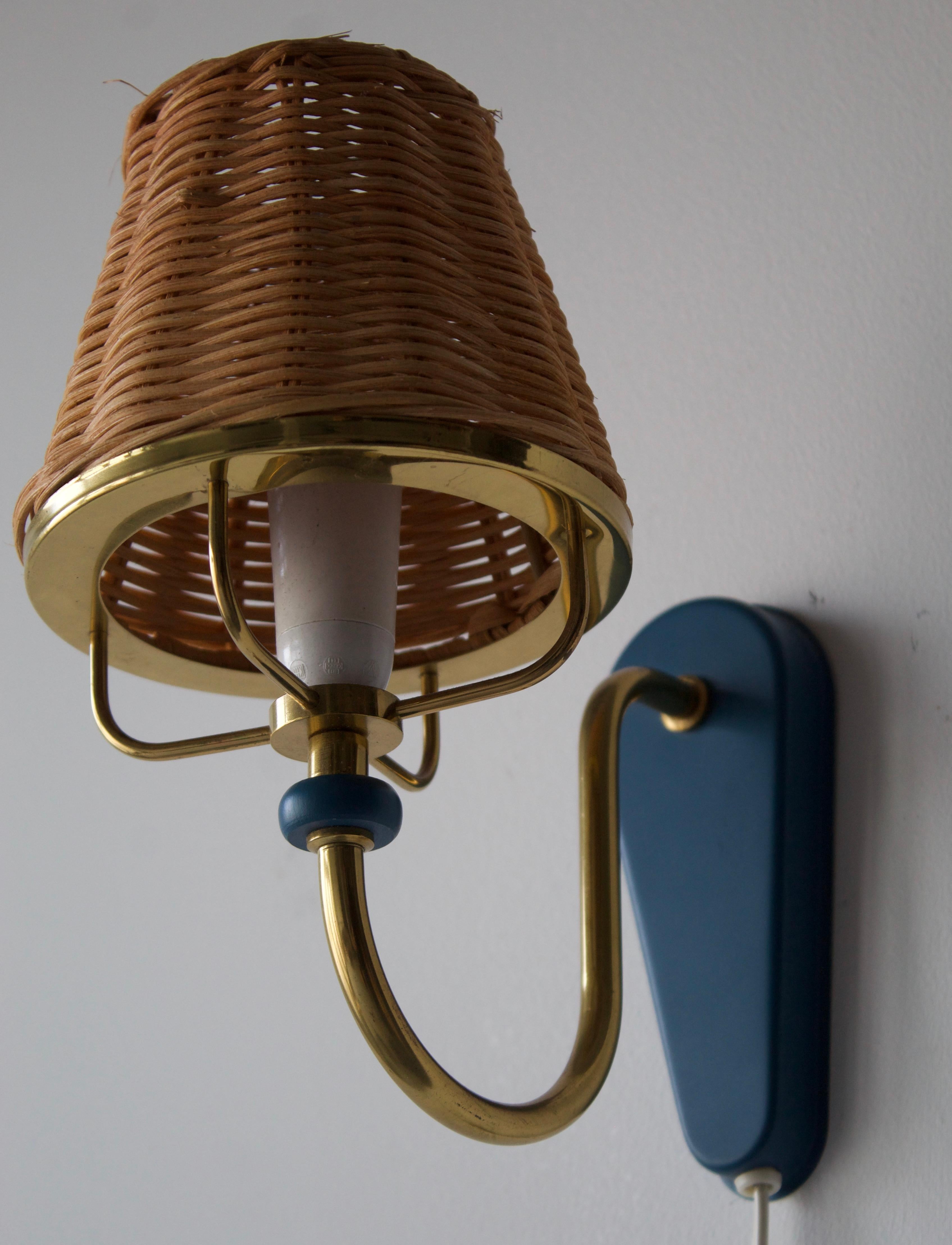 Swedish, Wall Lights / Sconces, Brass, Blue Lacquer Metal Rattan Sweden, 1970s 1