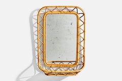 Swedish, Wall Mirror With Shelf, Bamboo, Rattan, Mirror Glass, Sweden, 1960s
