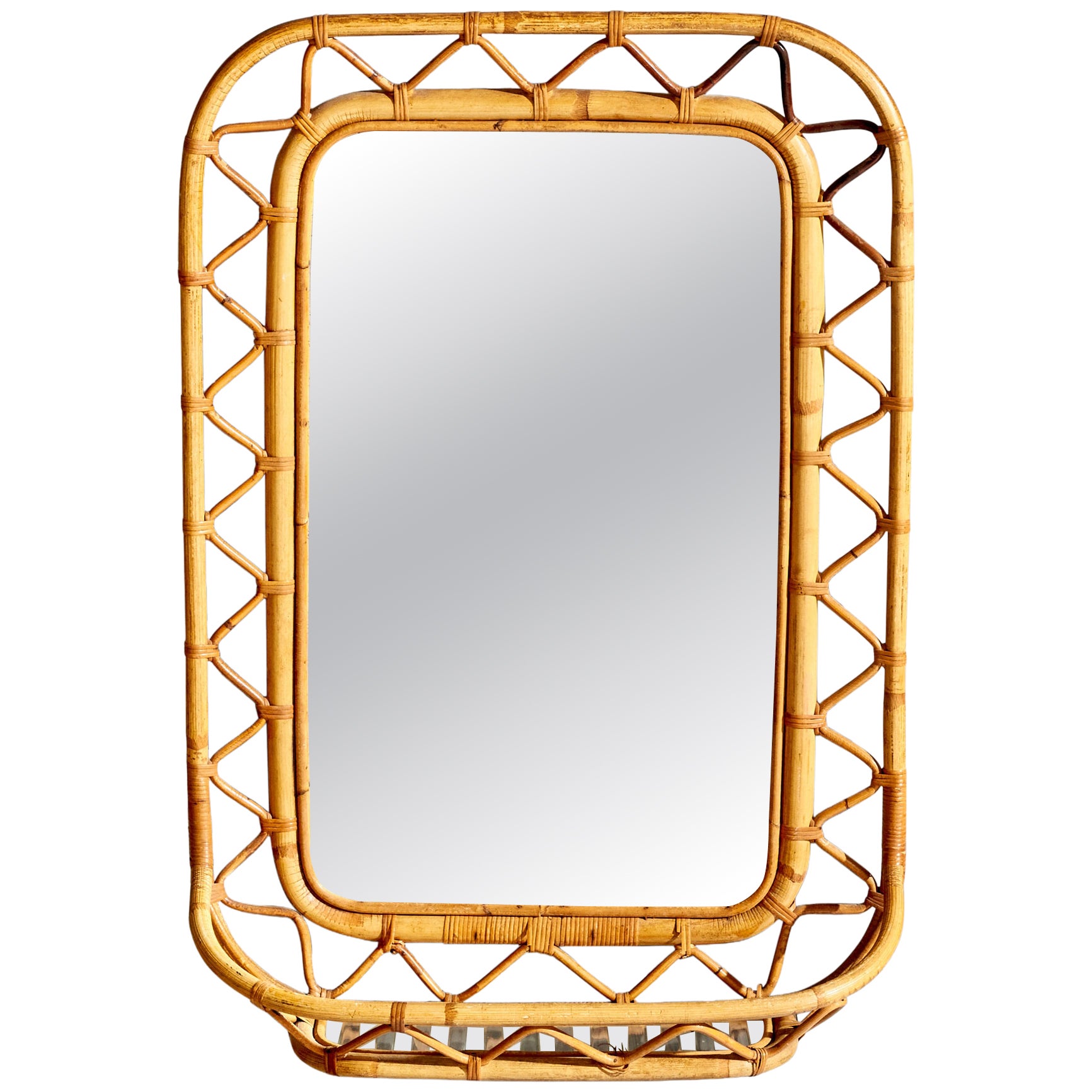 Swedish, Wall Mirror With Shelf, Bamboo, Rattan, Sweden, 1960s For Sale