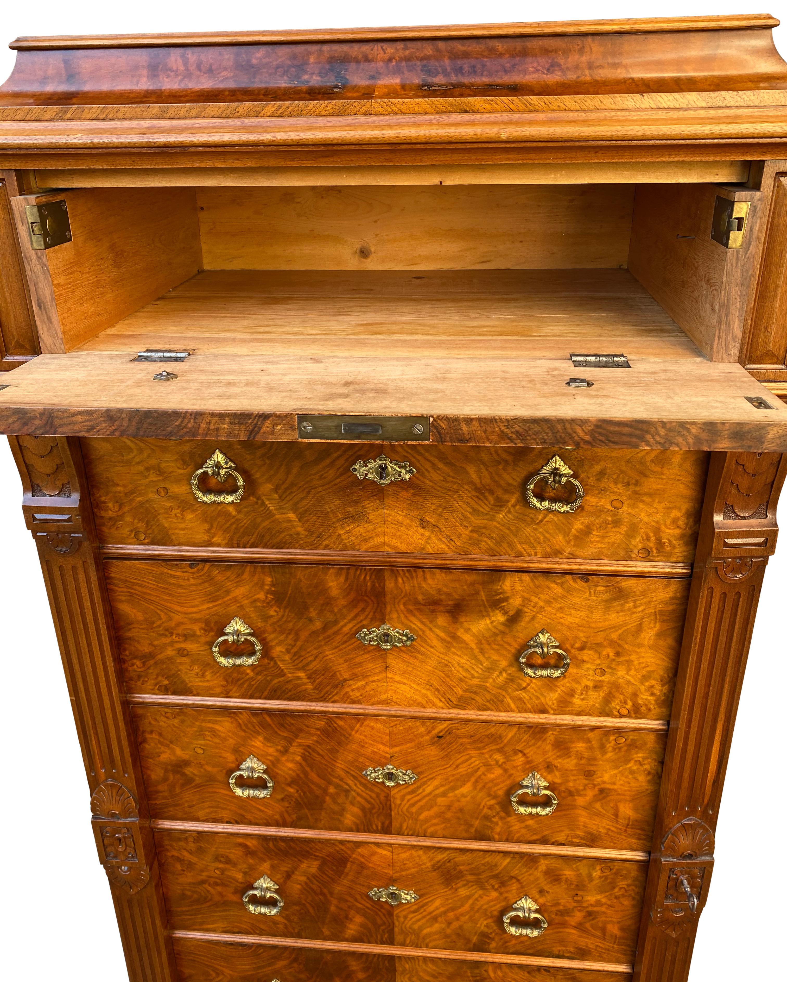 Swedish Walnut Veneered Tallboy Chest of Drawers with Brass Hardware In Good Condition In Haddonfield, NJ