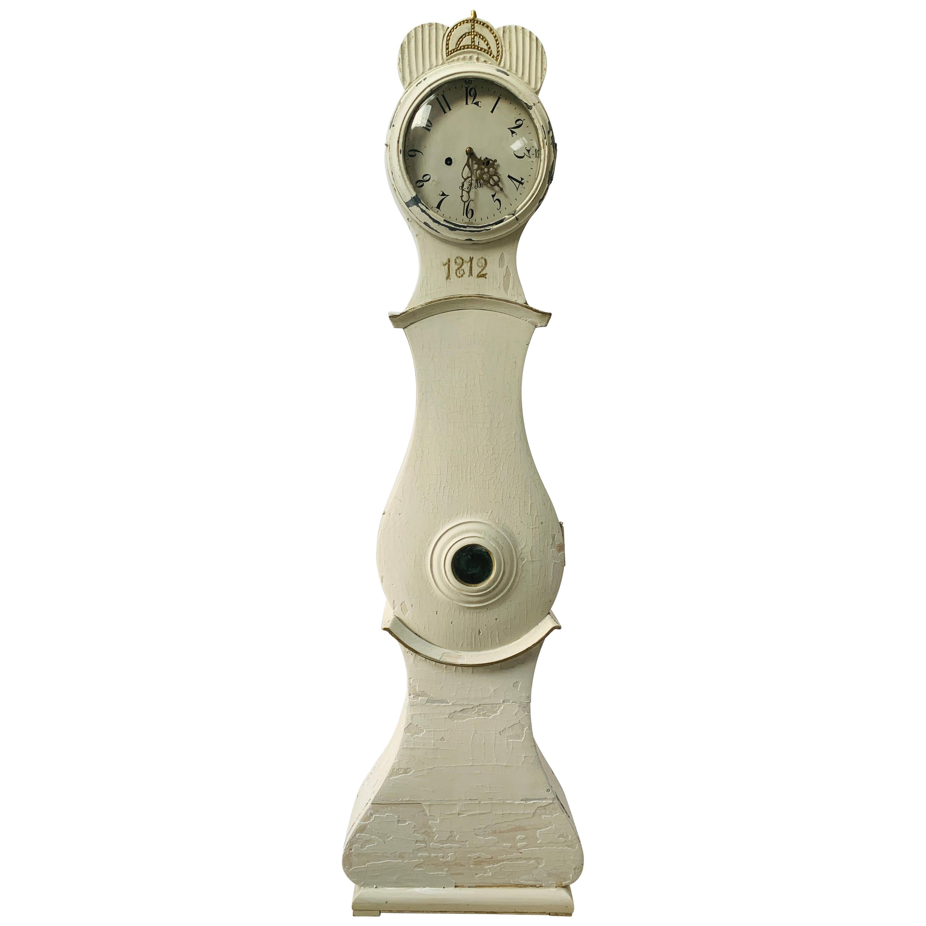 Swedish White Mora Clock 1812 Antique Carved Fryksdal Grandfather