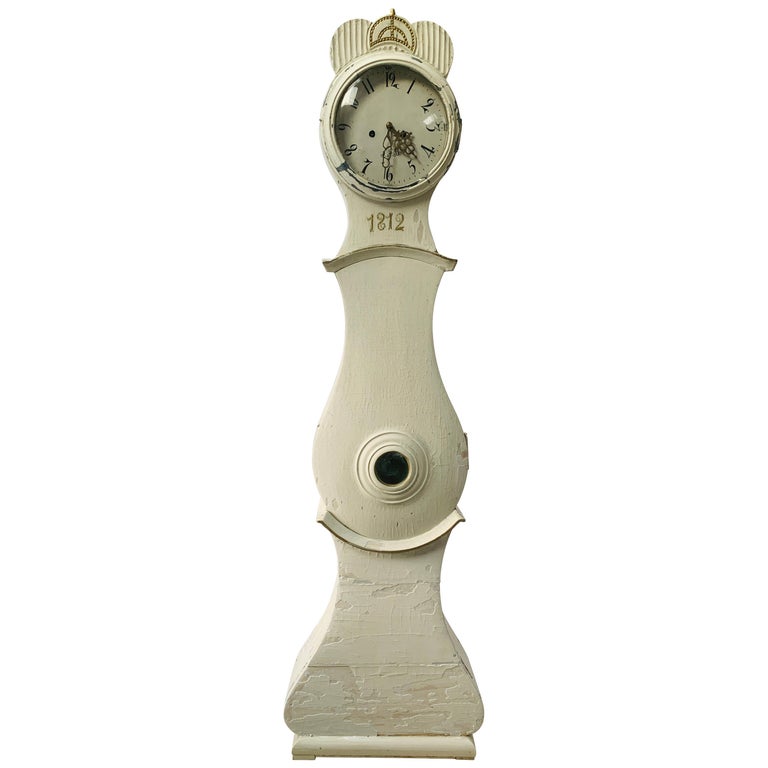 Swedish White Mora Clock 1812 Antique Carved Fryksdal Grandfather For Sale