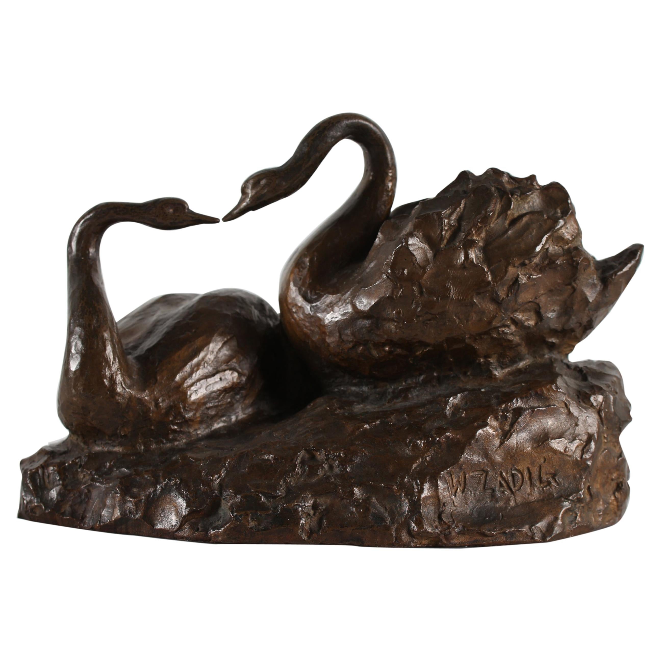 Swedish William Zadig Bronze Sculpture of Swan Couple Scandinavia, 1930-1950