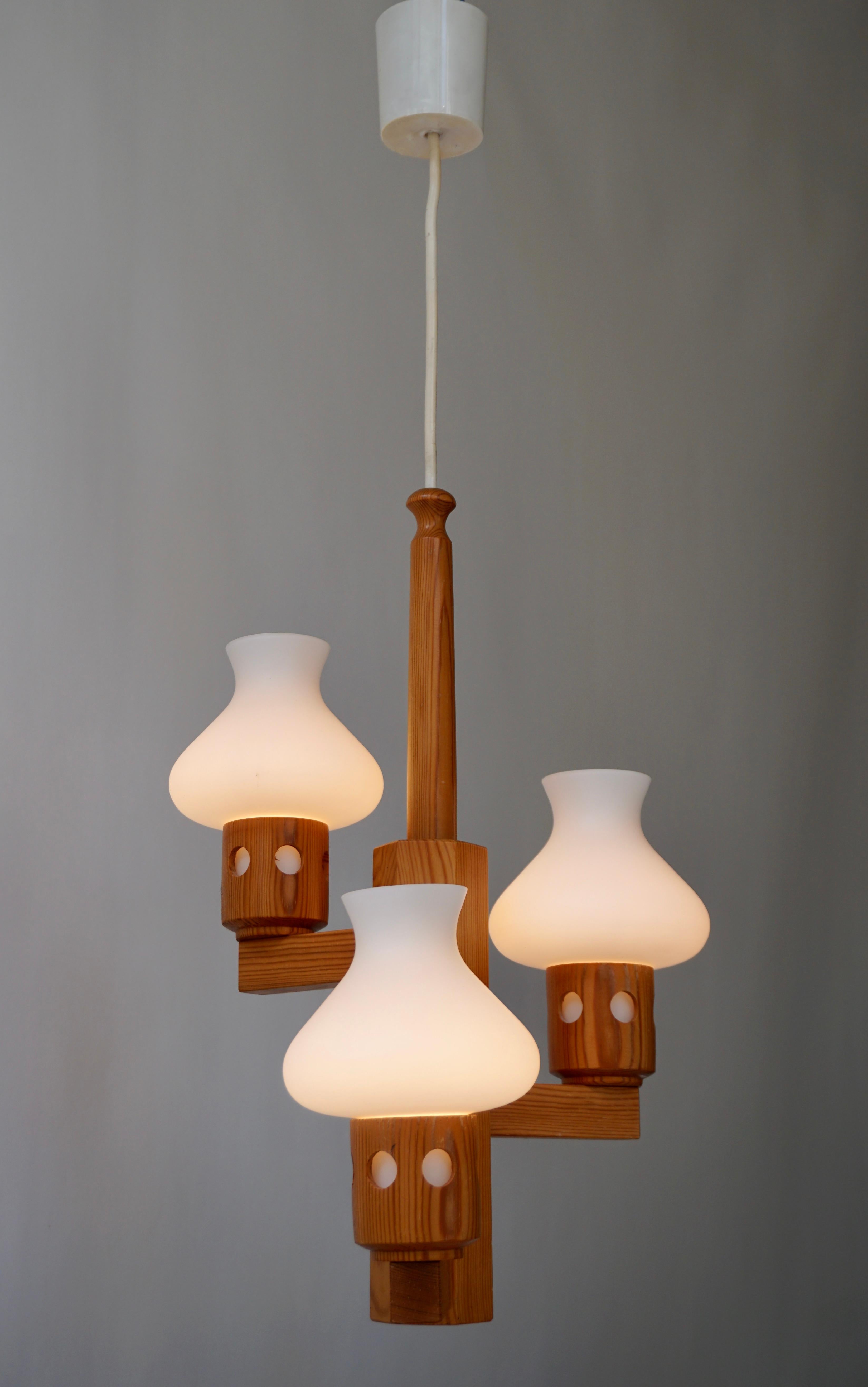 Mid-Century Modern Swedish Wood and Opaline Chandelier For Sale