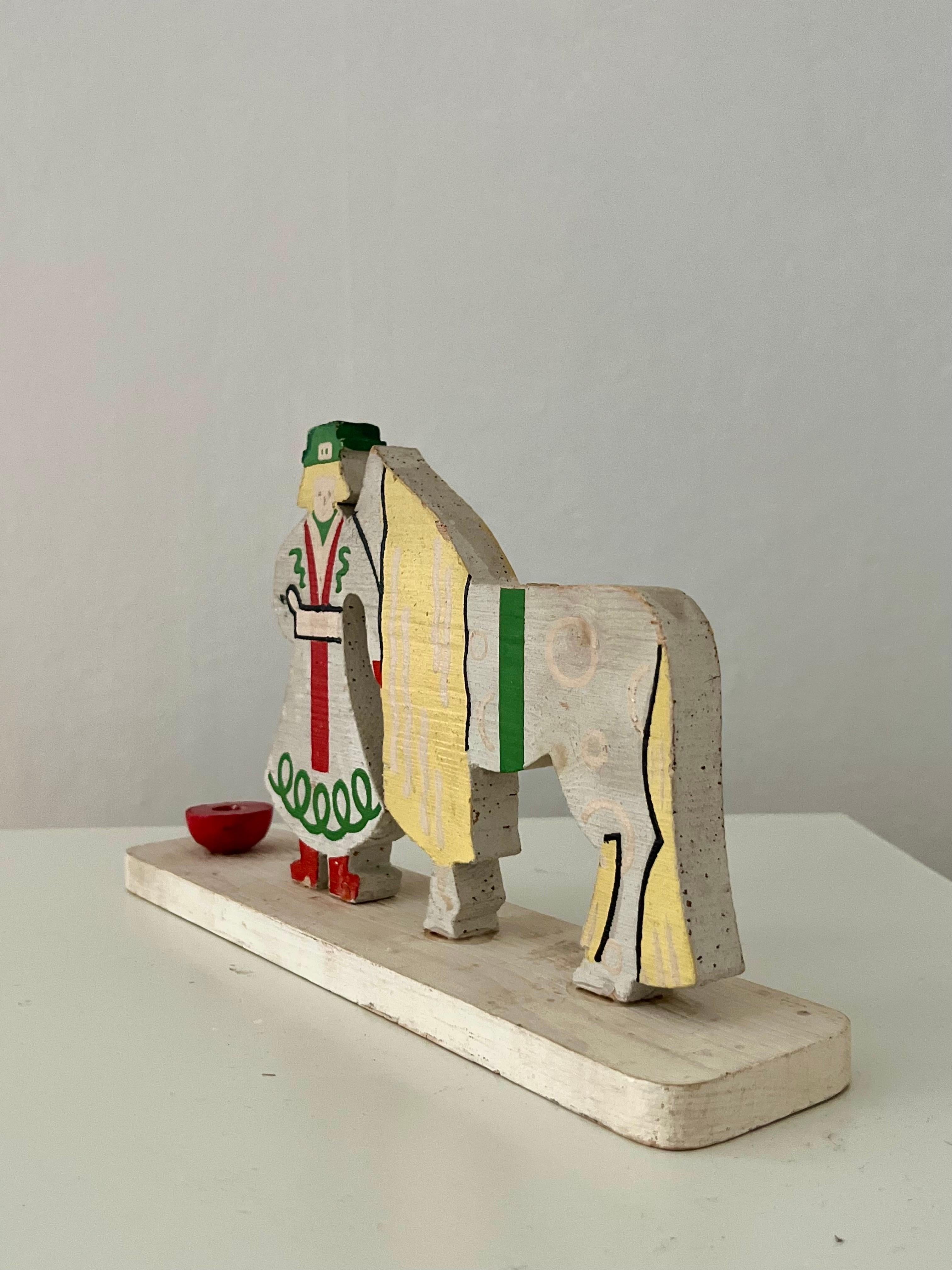 Mid-20th Century Swedish wood Christmas candle holder w. woman and horse 1960s For Sale