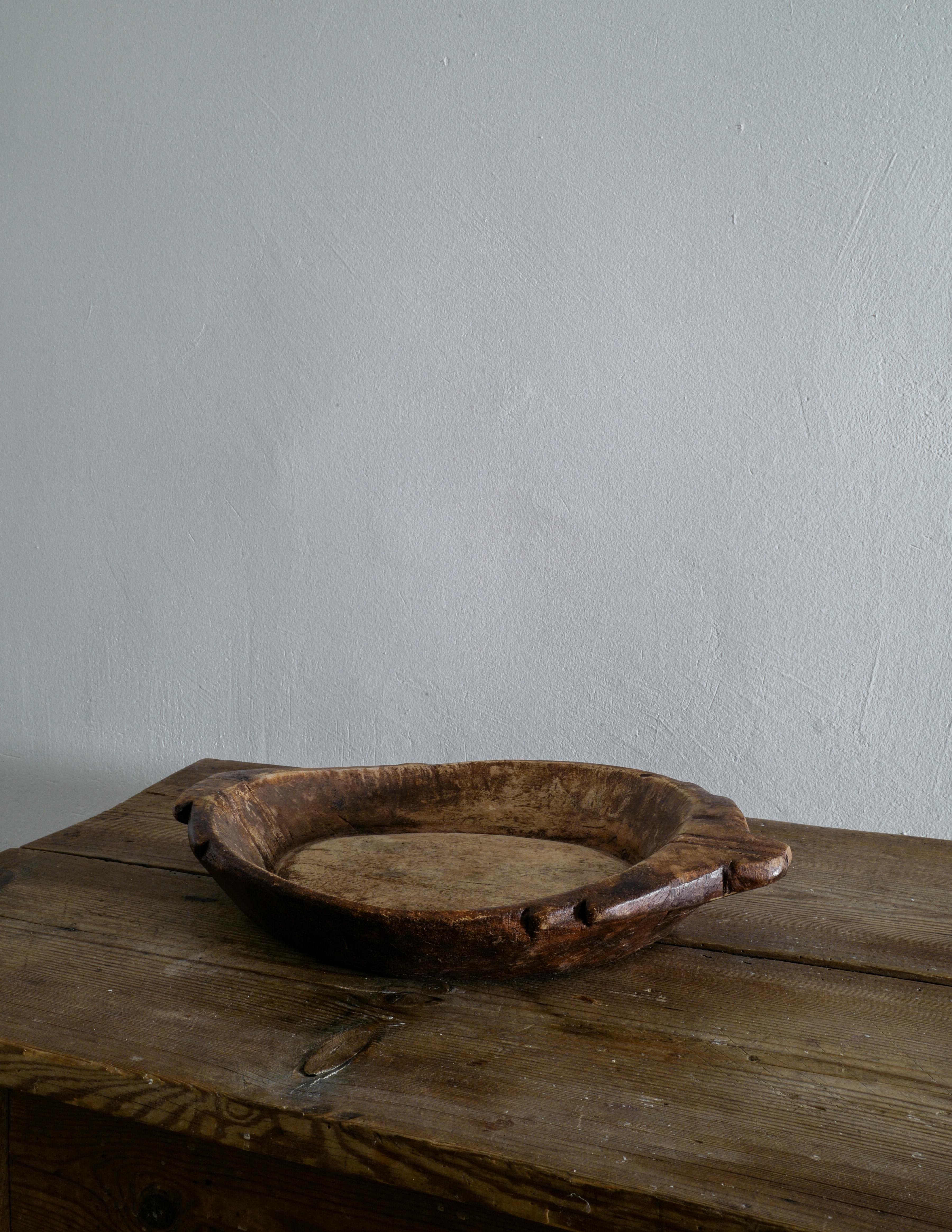 Folk Art Swedish Wooden Bowl in a Primitive and Wabi Sabi Style, 1800s