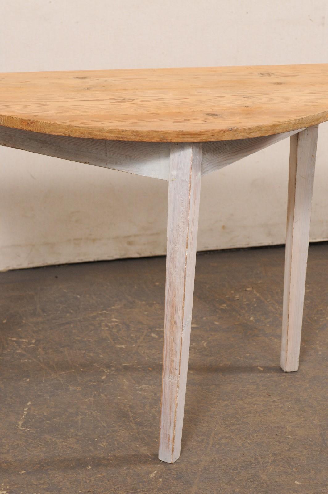 Swedish Wooden Demi-Lune Table, Bleached Top w/Soft Grey Wash on Apron & Legs In Good Condition In Atlanta, GA