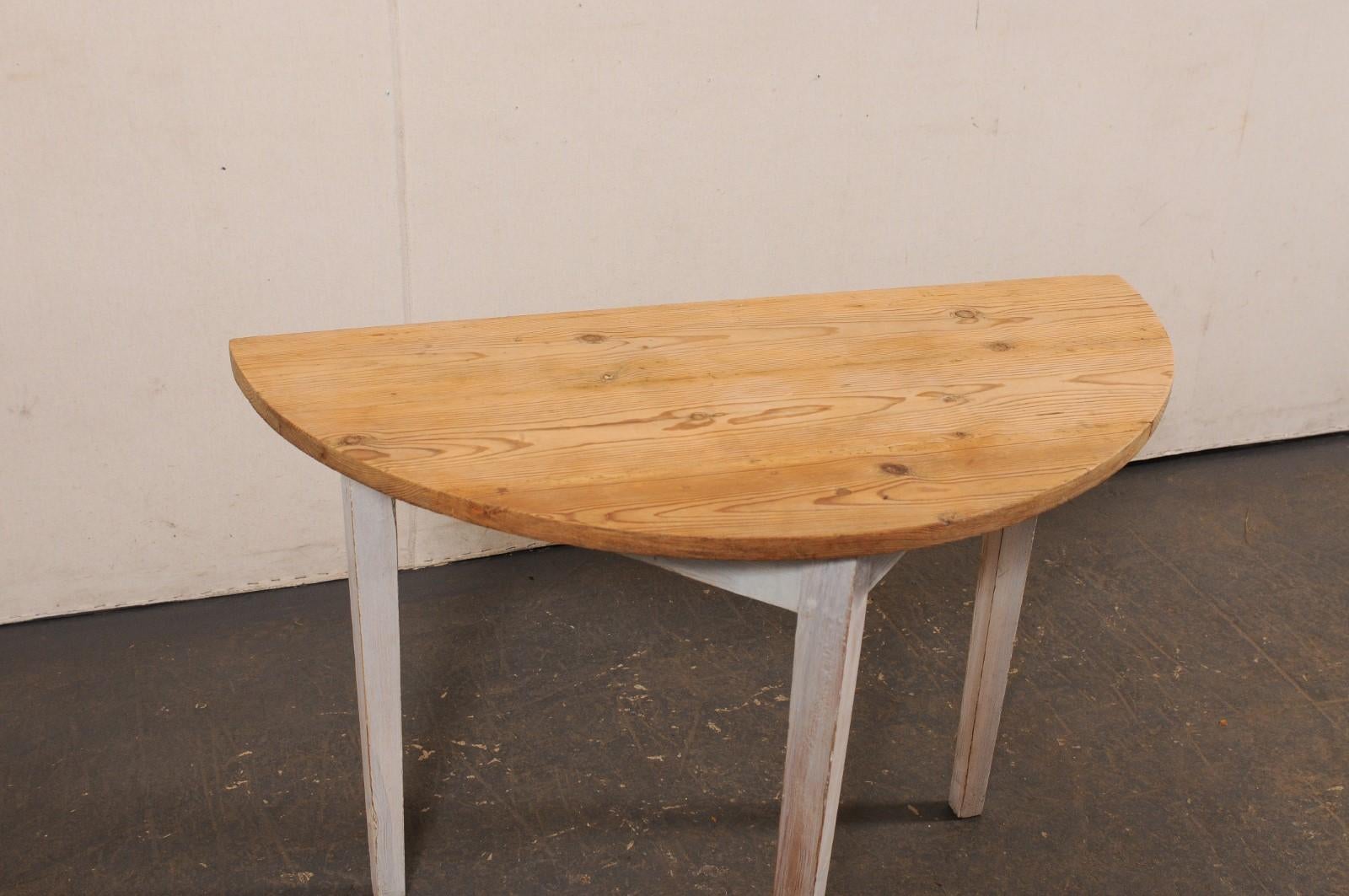20th Century Swedish Wooden Demi-Lune Table, Bleached Top w/Soft Grey Wash on Apron & Legs