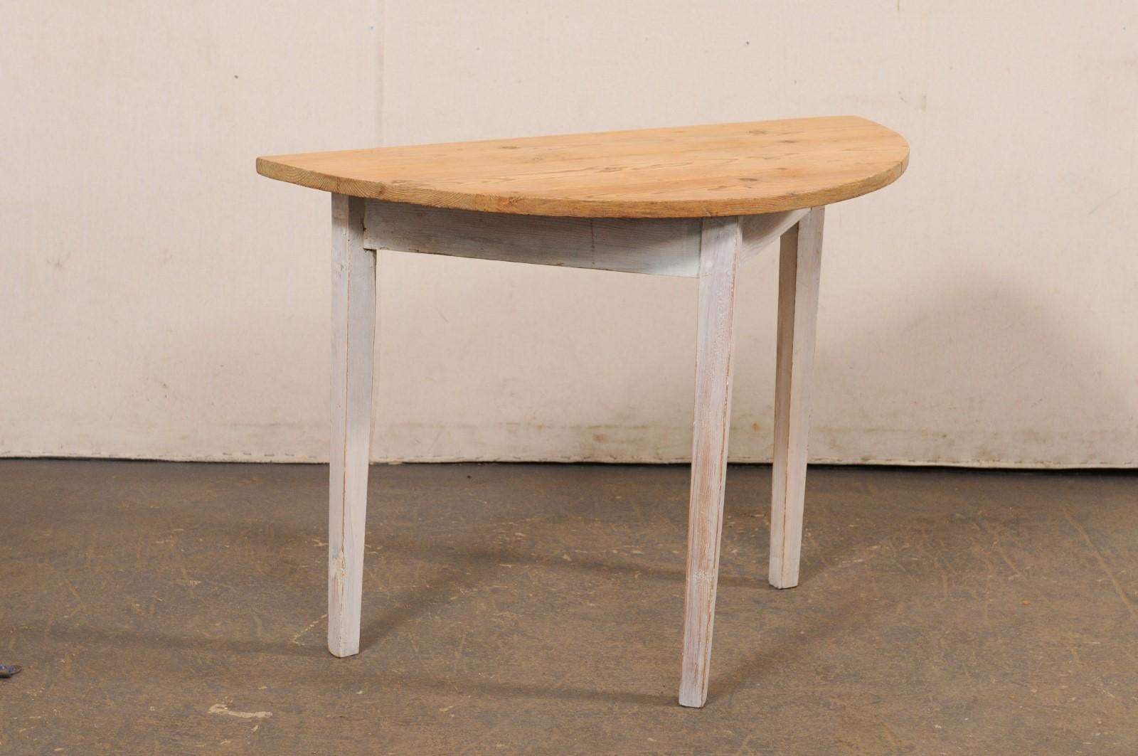 Swedish Wooden Demi-Lune Table, Bleached Top w/Soft Grey Wash on Apron & Legs 1