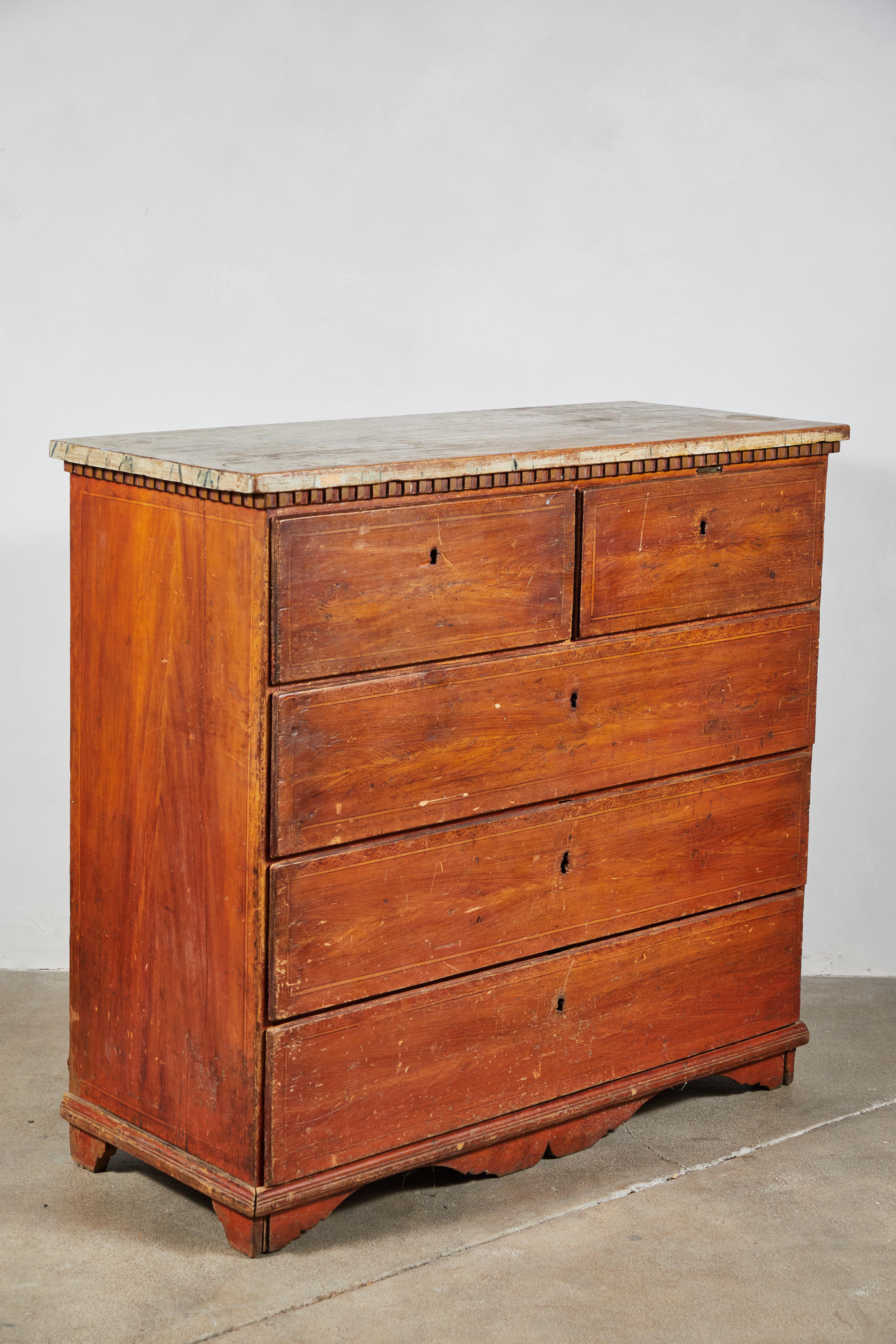 19th Century Swedish Wooden Five-Drawer Dresser with Dental Molding