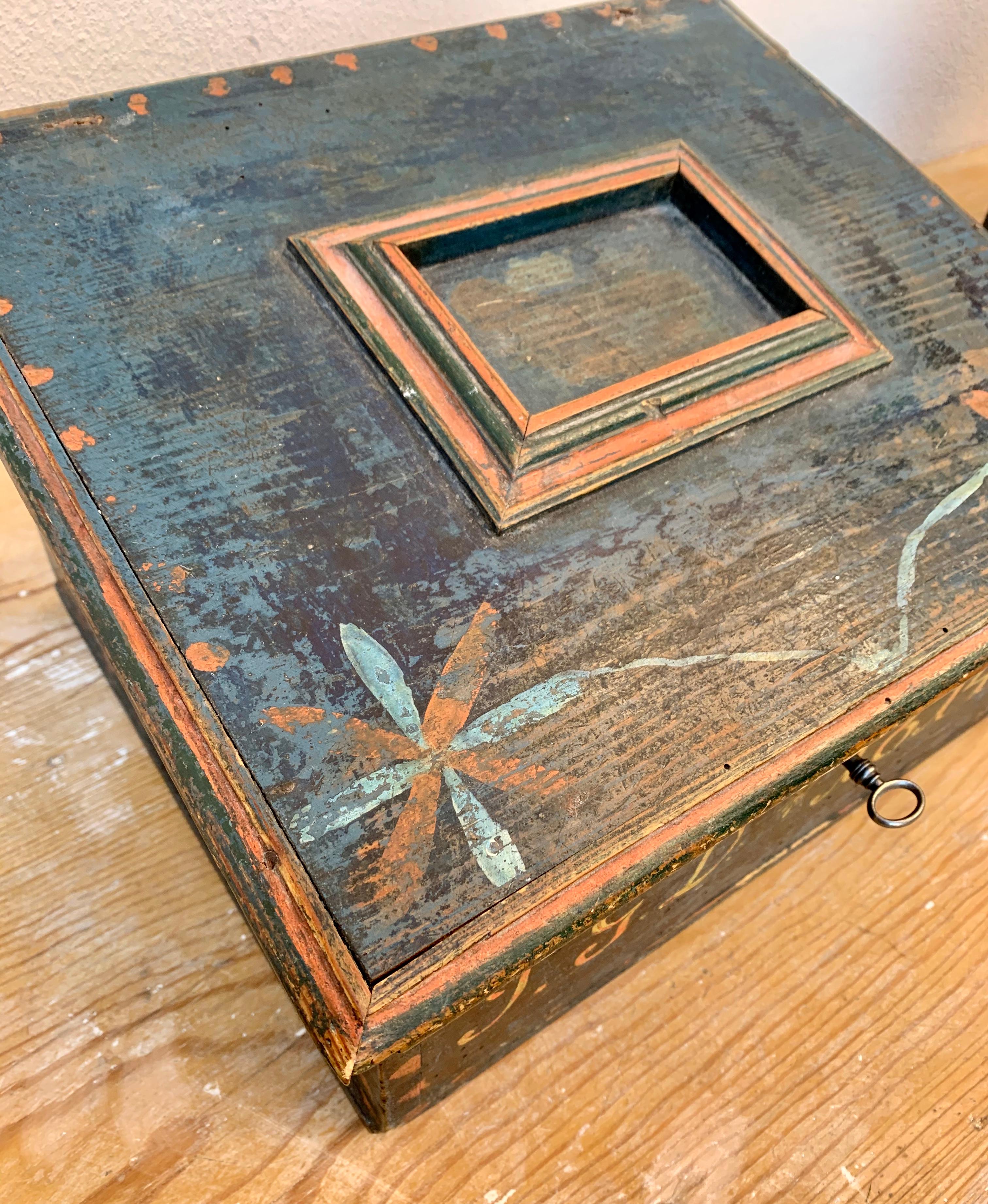 Swedish Wooden Folk Art Box With Originally Paint, Dated 1814 11