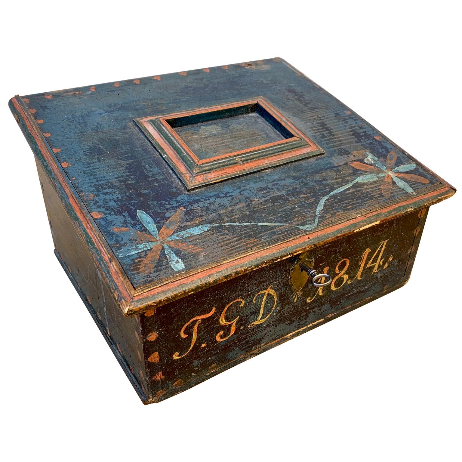 Early 19th Century Swedish Wooden Folk Art Box With Originally Paint, Dated 1814