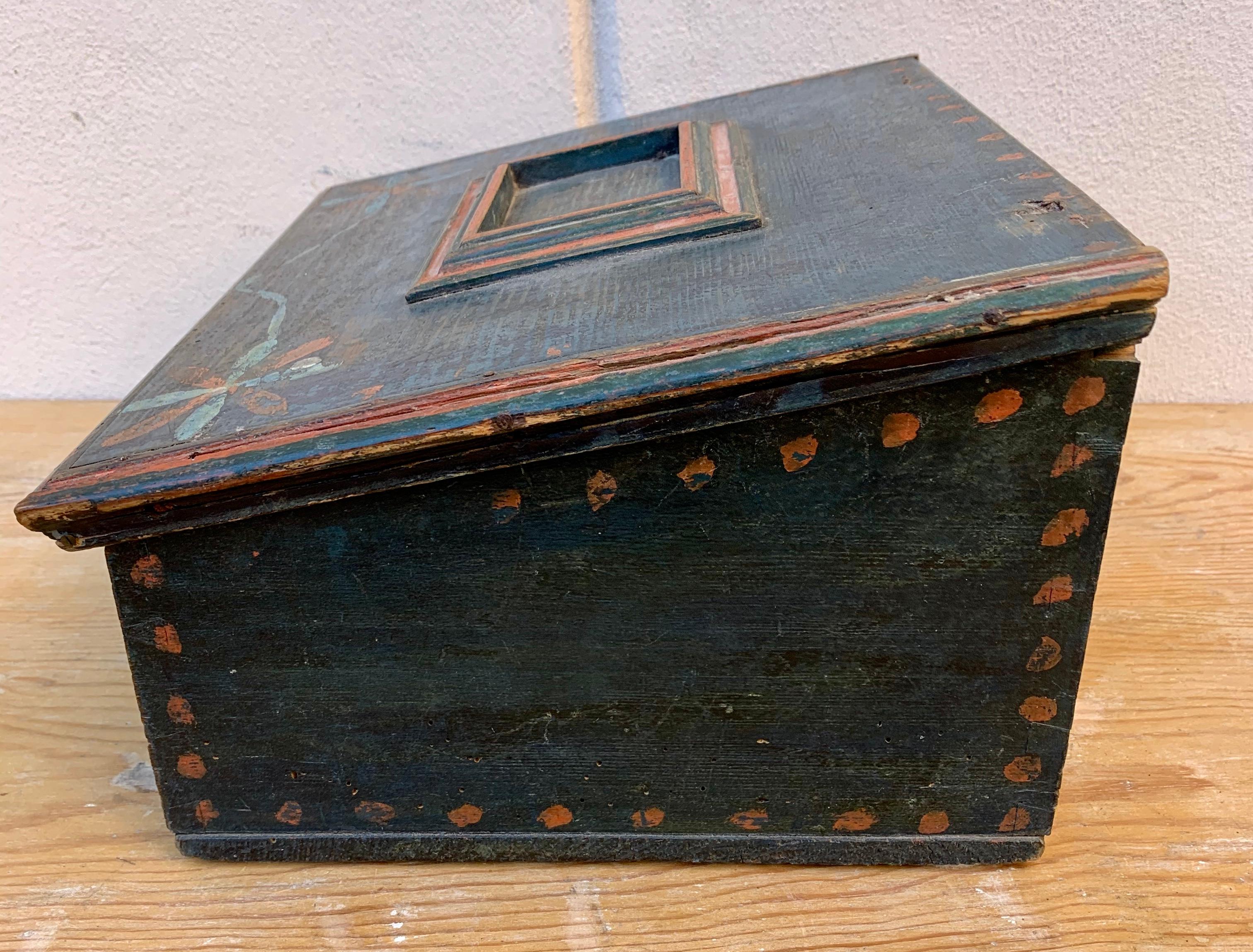 Pine Swedish Wooden Folk Art Box With Originally Paint, Dated 1814