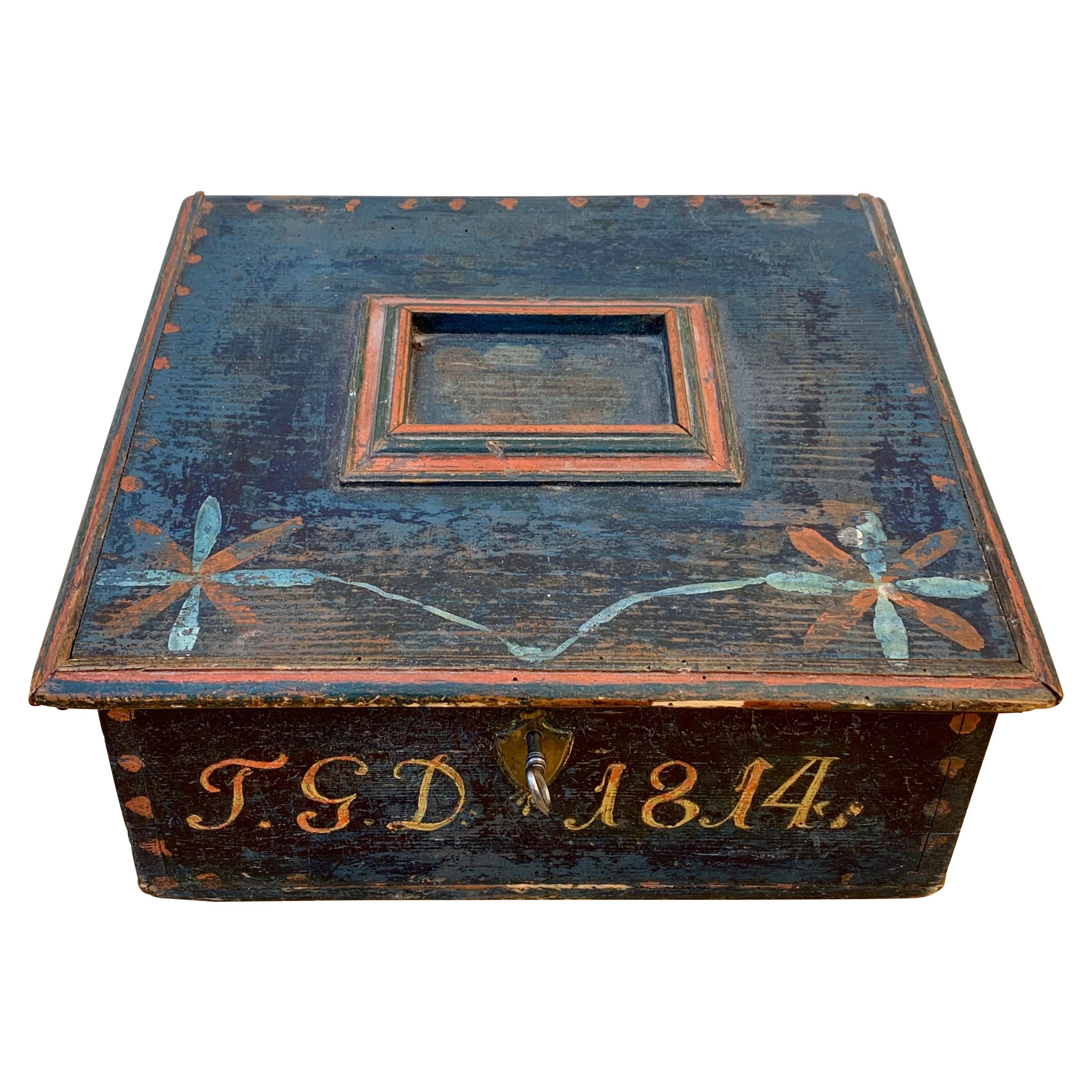 Swedish Wooden Folk Art Box With Originally Paint, Dated 1814
