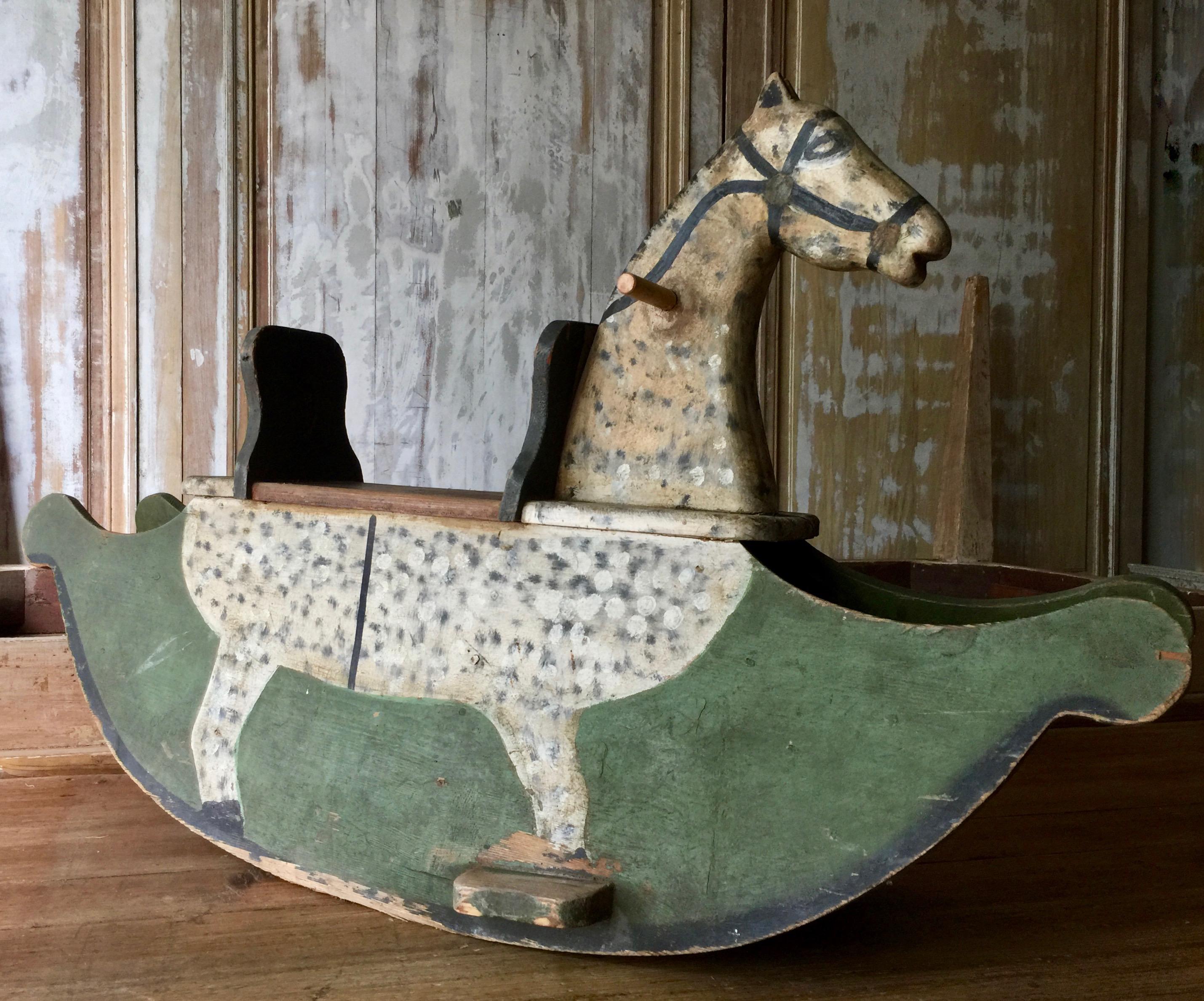 Hand-Carved Swedish Wooden Toy Horse Rocker For Sale