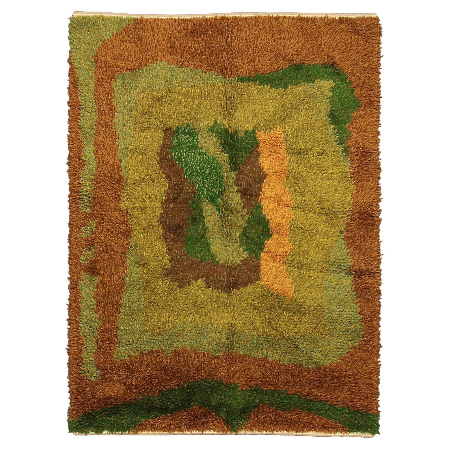Swedish Wool Rya Green Olive Field Color Vintage, 1920-1950