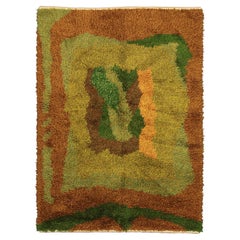 Swedish Wool Rya Green Olive Field Color Vintage, 1920-1950