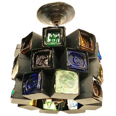 Swedish Wrought Iron and Stamped Glass Light Fixture