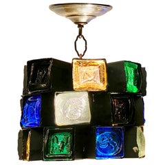 Swedish Wrought Iron and Stamped Glass Light Fixture