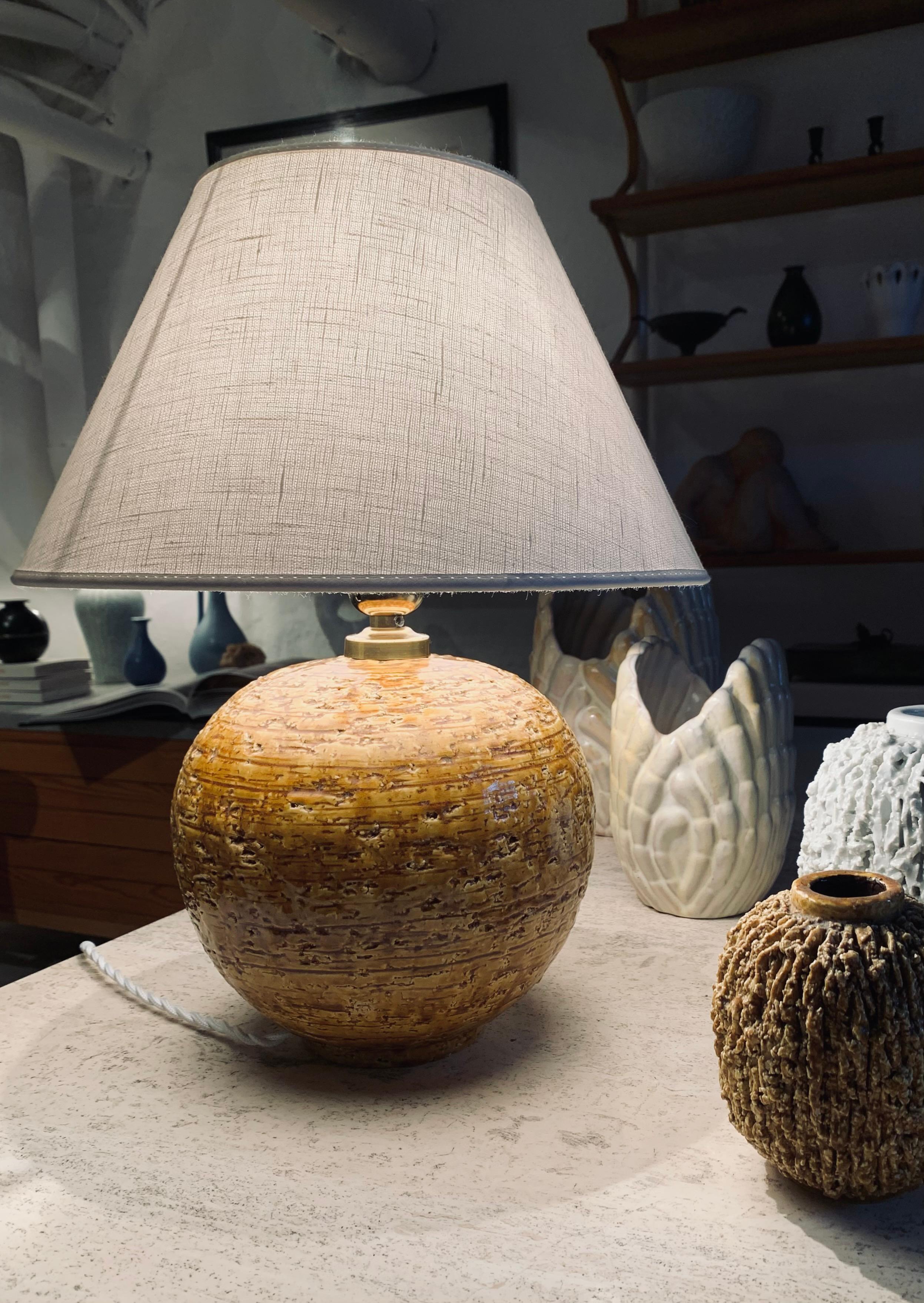 Swedish yellow chamotte stoneware table lamp by Gunnar Nylund for Rörstrand 2