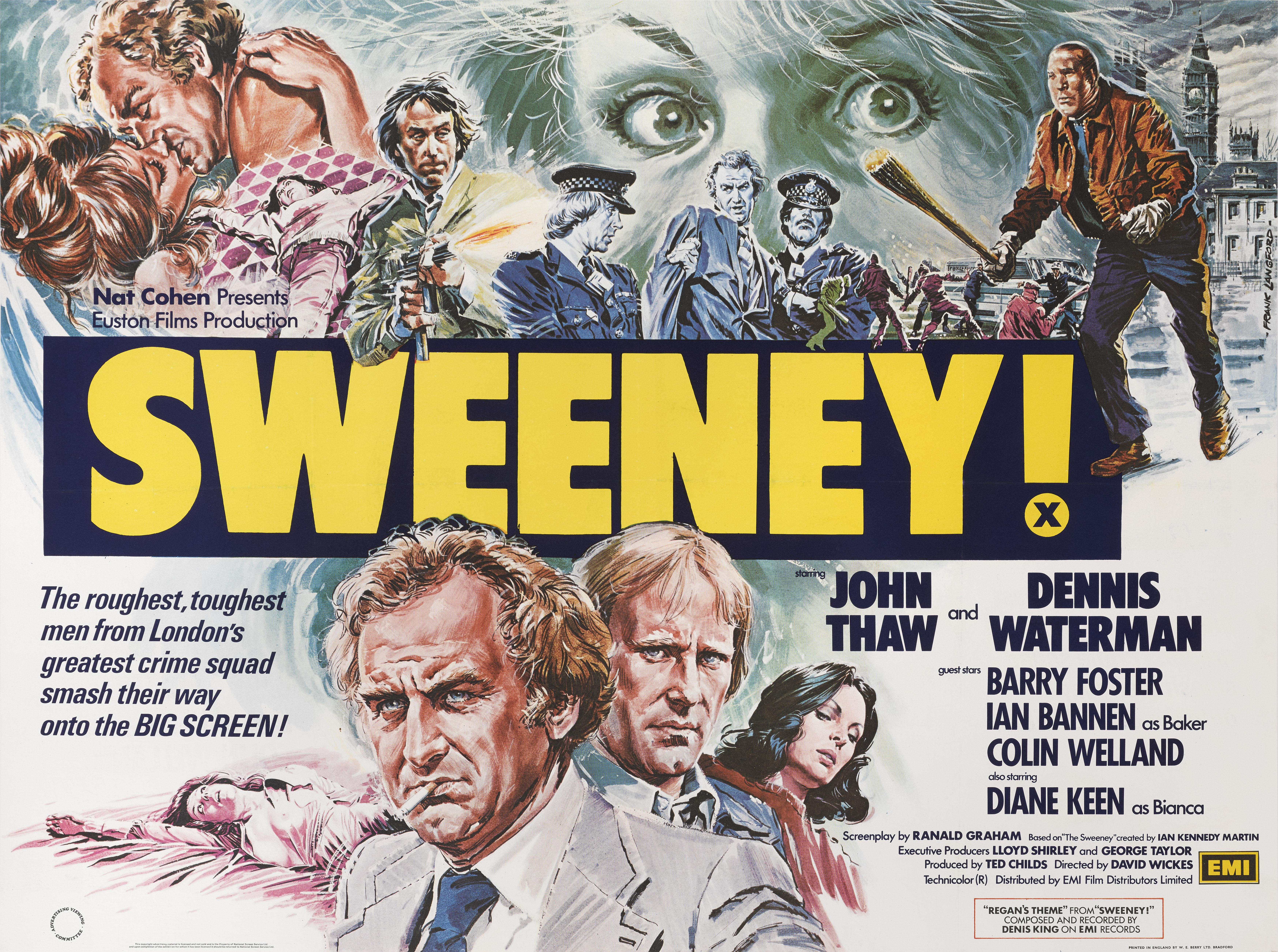 Original British film poster for the 1977 Action, crime film Sweeney! 
This film stared John Thaw and Dennis Waterman based on the TV series that ran from 1974 to 1978.
This film was directed by David Wickes John Thaw plays Detective Inspector