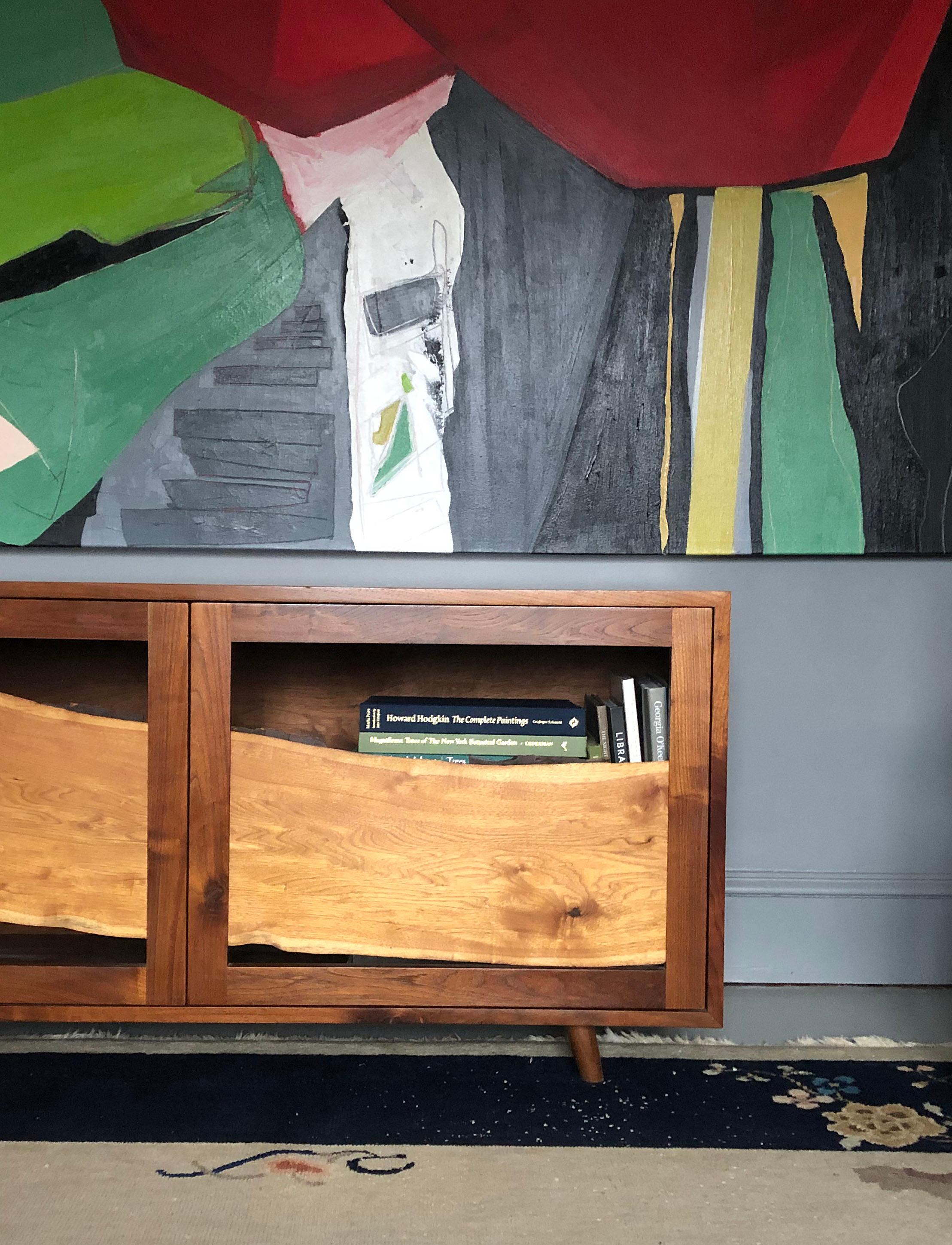 Contemporary Sweep Cabinet in Black Walnut and Live Edged Butternut with Hand-Turned Legs