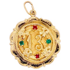 Sweet 13 Pendant in 14 Karat Gold, Gold Disk for Charm Bracelet or Necklace, 13