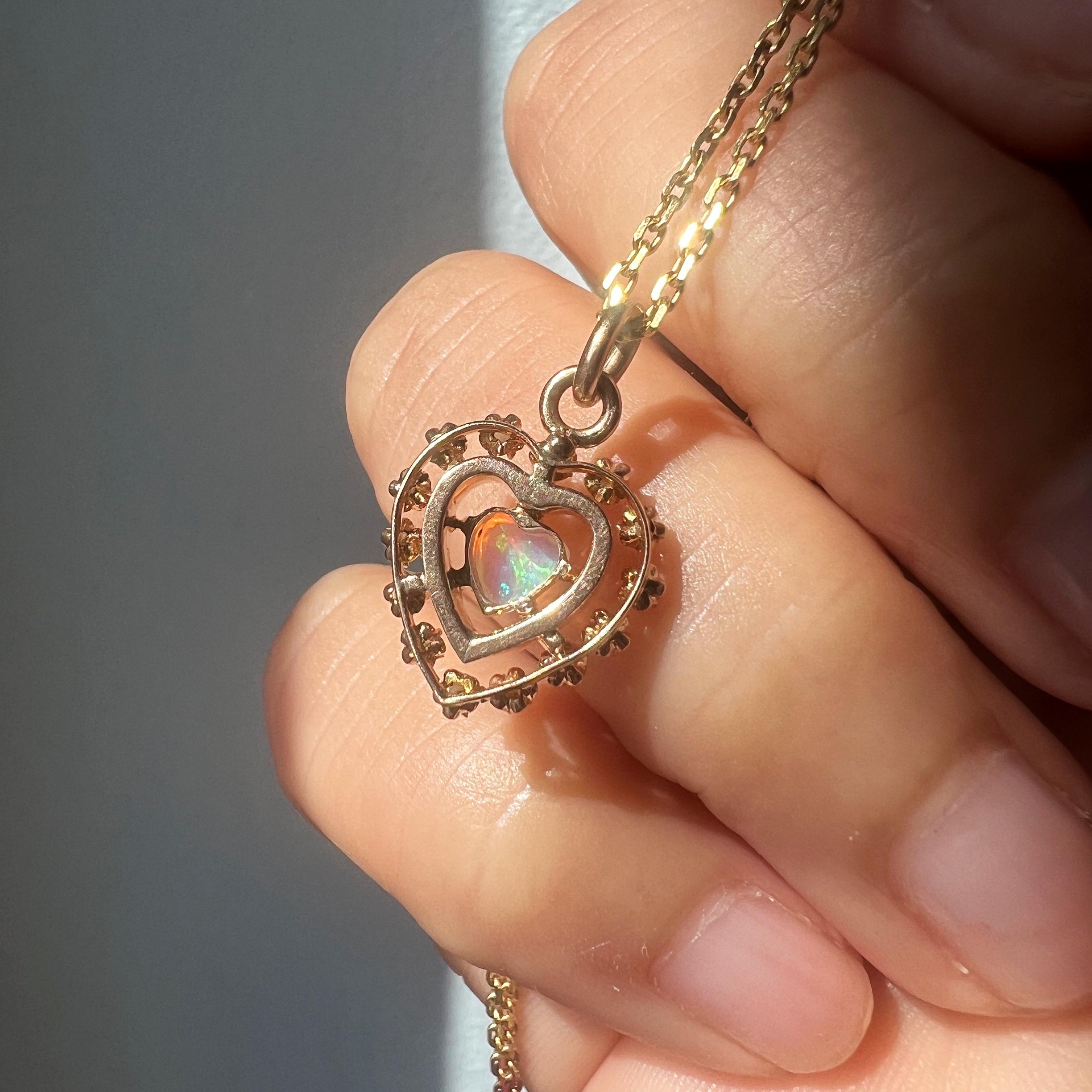 Victorian Sweet 14k Gold Opal Heart Seed Pearl Pendant For Sale