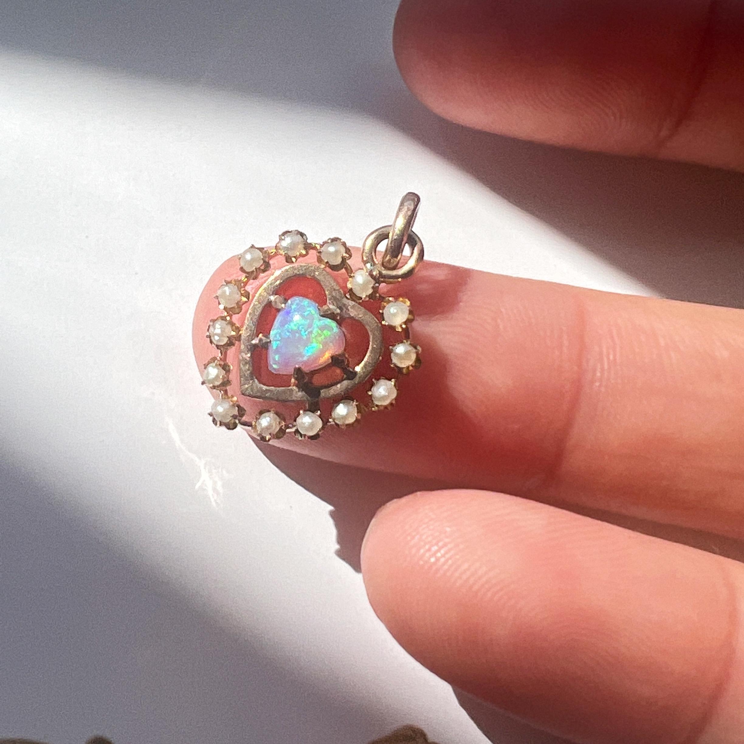 Cabochon Sweet 14k Gold Opal Heart Seed Pearl Pendant For Sale