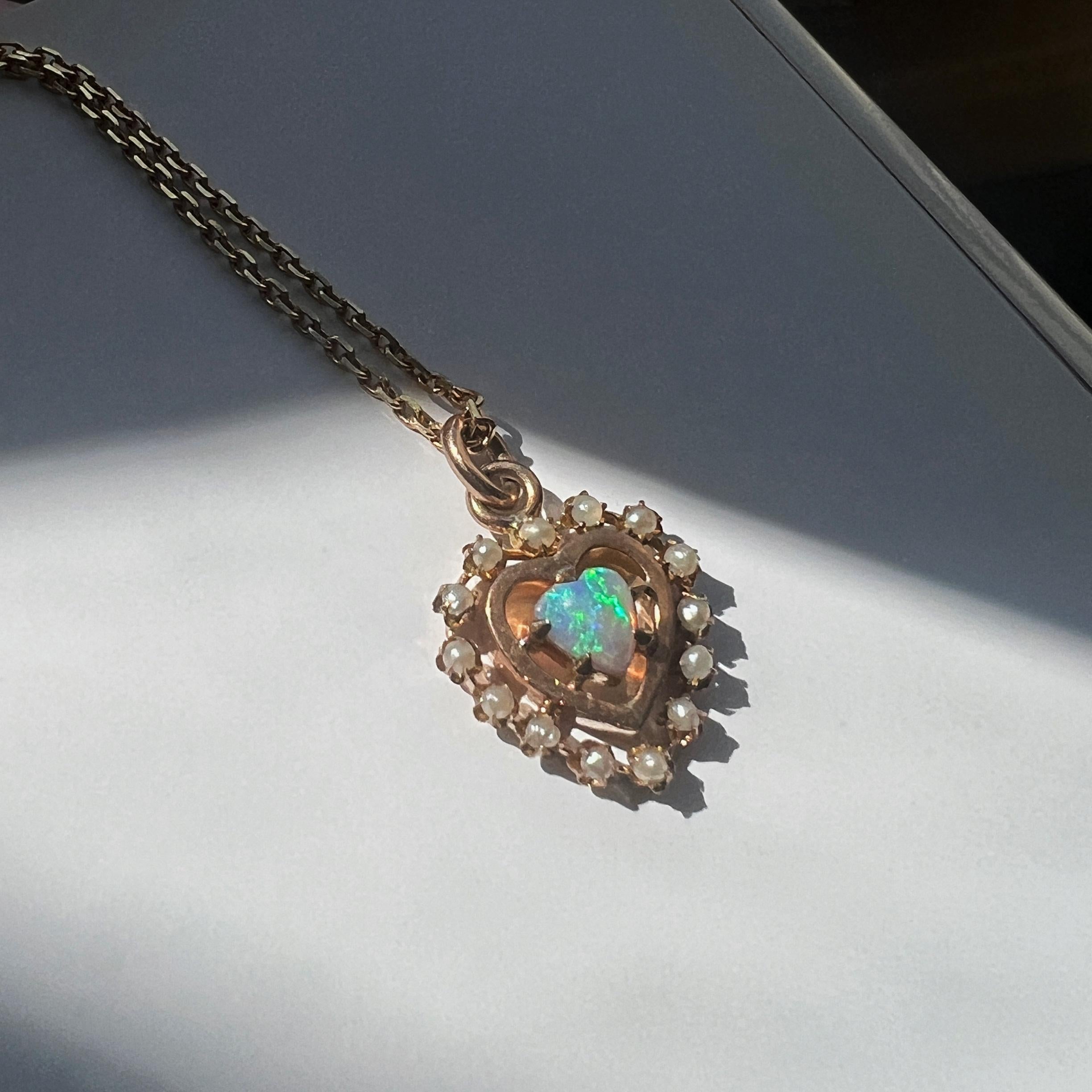 Women's or Men's Sweet 14k Gold Opal Heart Seed Pearl Pendant For Sale