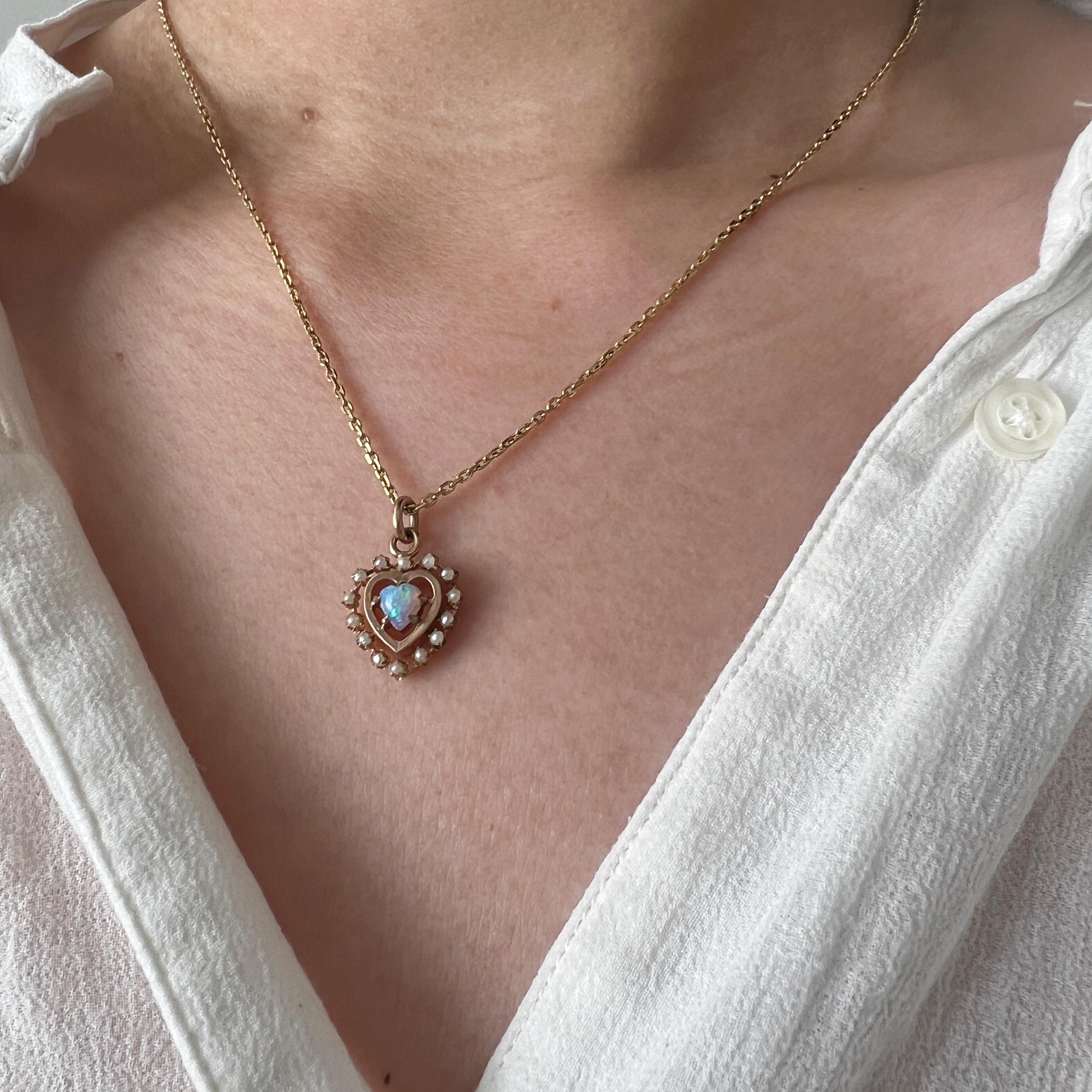 Sweet 14k Gold Opal Heart Seed Pearl Pendant For Sale 2