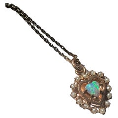 Antique Sweet 14k Gold Opal Heart Seed Pearl Pendant