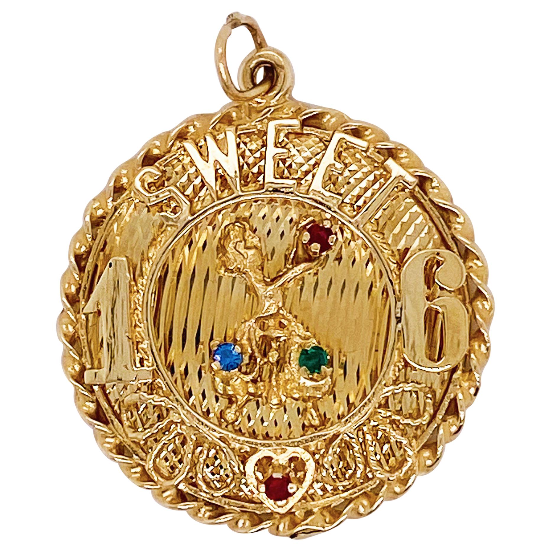 Sweet 16 Pendant in 14 Karat Gold, Gold Disk for Charm Bracelet or Necklace For Sale