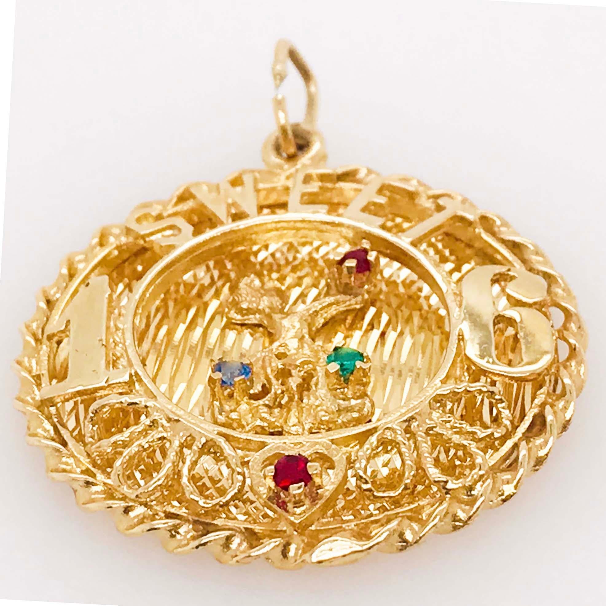 The 14 kt gold Sweet 16 large charm is a handmade fine jewelry item. The disk charm is made with 14k yellow gold that is rich in color! The charm has a round shape with a twisted gold rope framing the disk. On the top there are handmade letters that