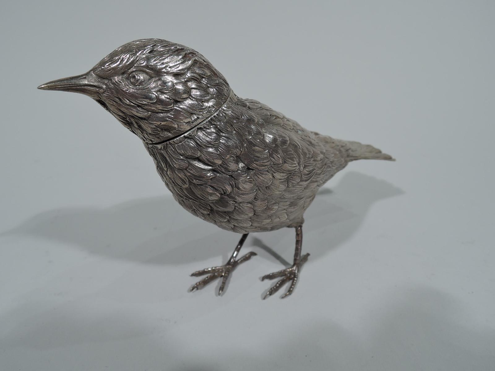 Dutch 833 silver figural box, 1927. Sweet and small bird with firm downy body, wide erect tail, and scaly talons. Head detachable. Fully marked including date letter and export symbol. Weight: 7.3 troy ounces.