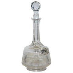 Carafe à décanter en cristal taillé de couleur sucrier en verre antique, étiquette suspendue Maderia en argent sterling, 1973